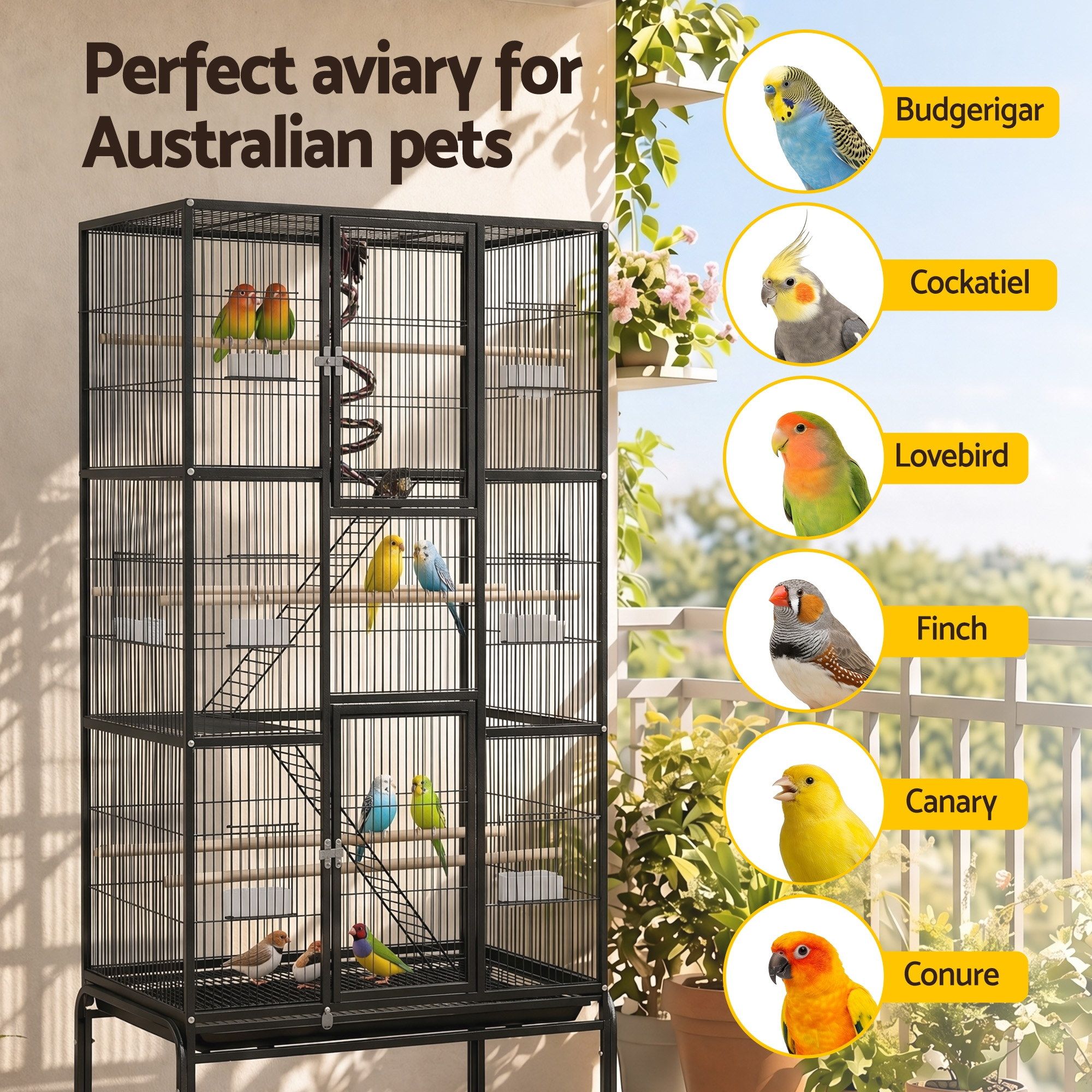 i.Pet 176cm 3-Tier Large Bird Cage Aviary with Ladder Parrot Budgie Wheels Black PET-BIRDCAGE-H176-BK