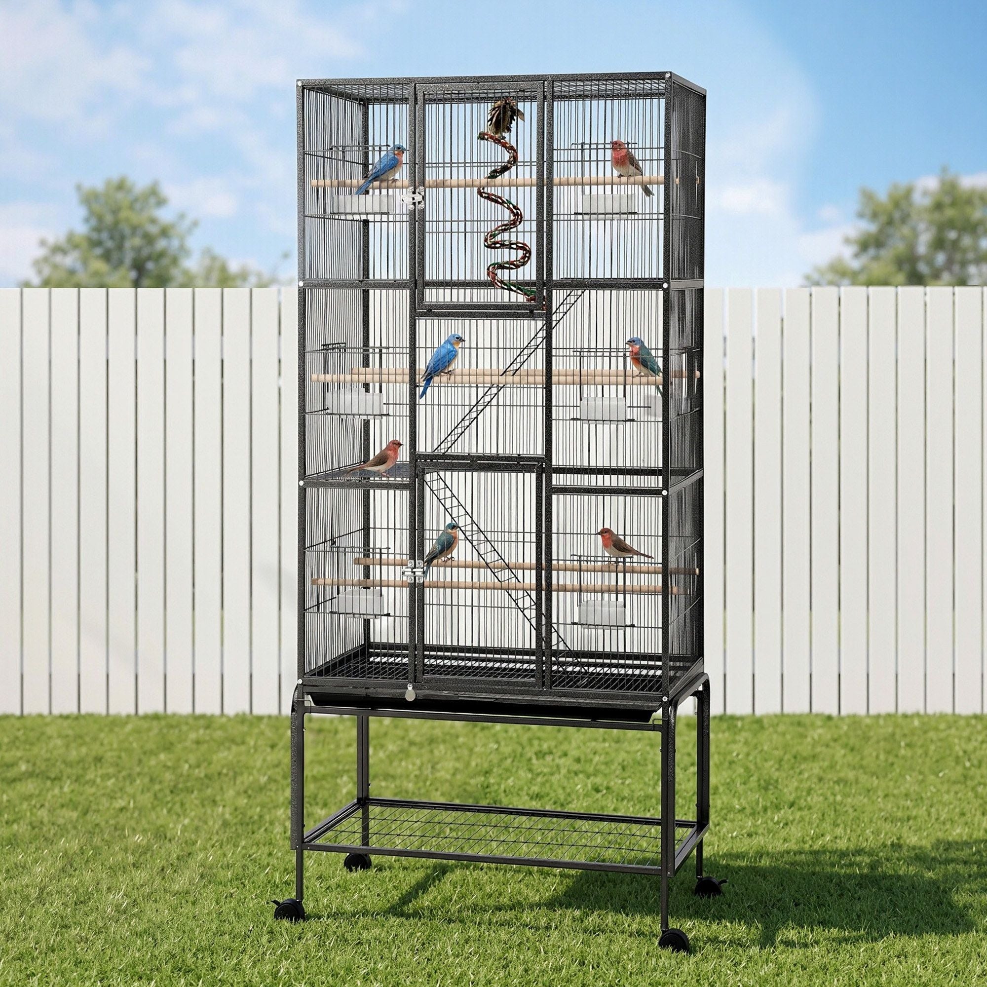 i.Pet 176cm 3-Tier Large Bird Cage Aviary with Ladder Parrot Budgie Wheels Black PET-BIRDCAGE-H176-BK