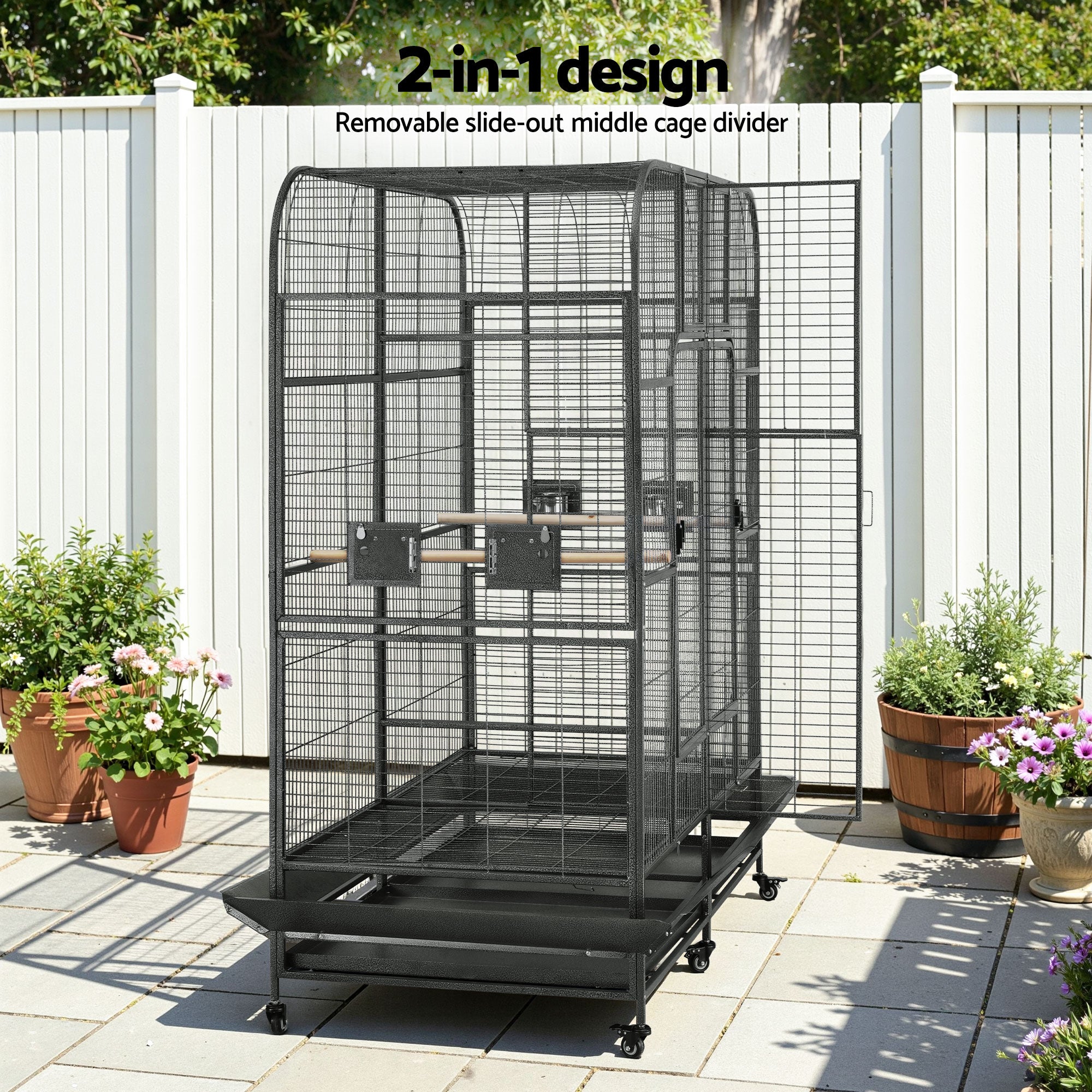 i.Pet Bird Cage Extra Large Aviary 185cm Pet Parrot Cage Castor Wheel Removable Divider PET-BIRDCAGE-H185-BK-AB
