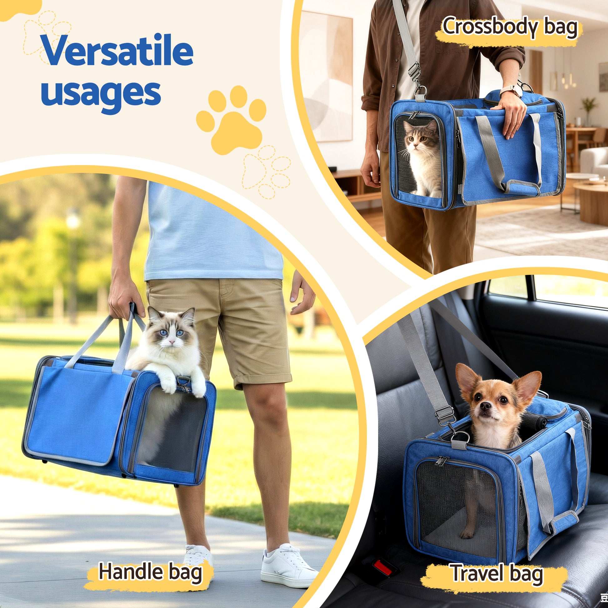 i.Pet Pet Carrier Bag Foldable Dog Cat Durable Crate Travel Cage Portable Car Kennel Blue PET-CARRIER-48X30-BL