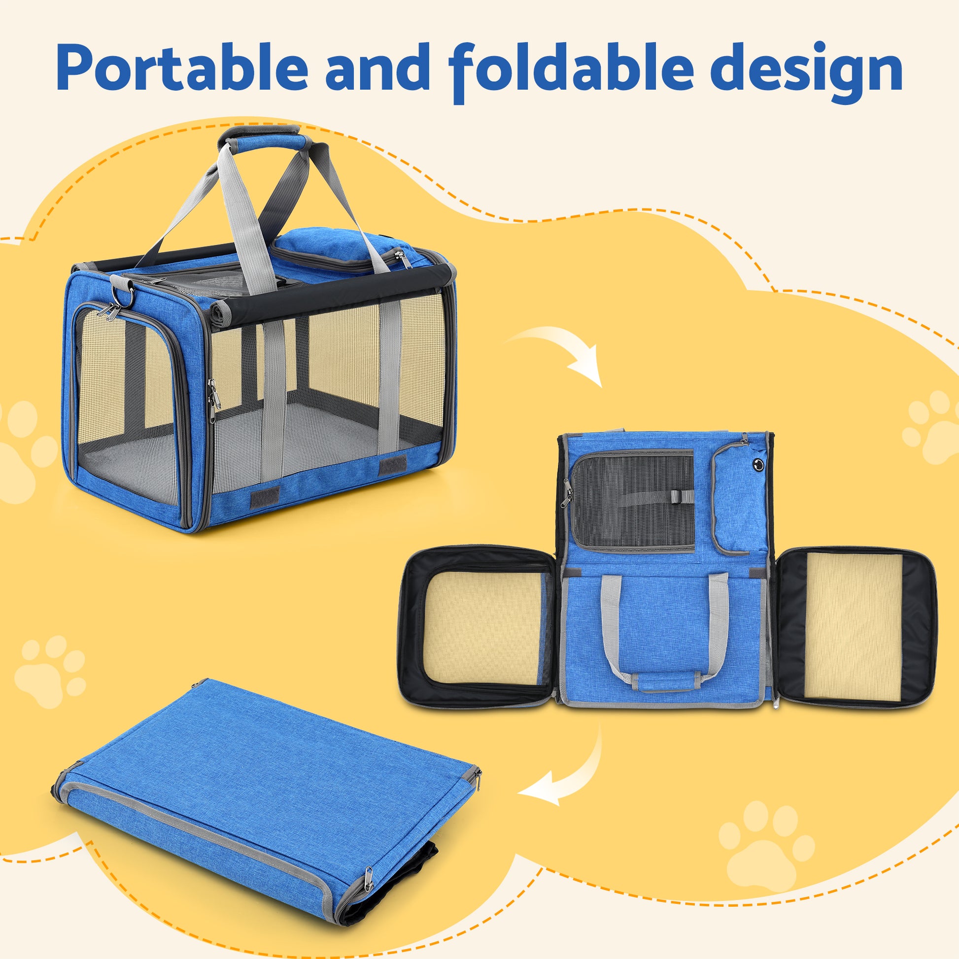 i.Pet Pet Carrier Bag Foldable Dog Cat Durable Crate Travel Cage Portable Car Kennel Blue PET-CARRIER-48X30-BL