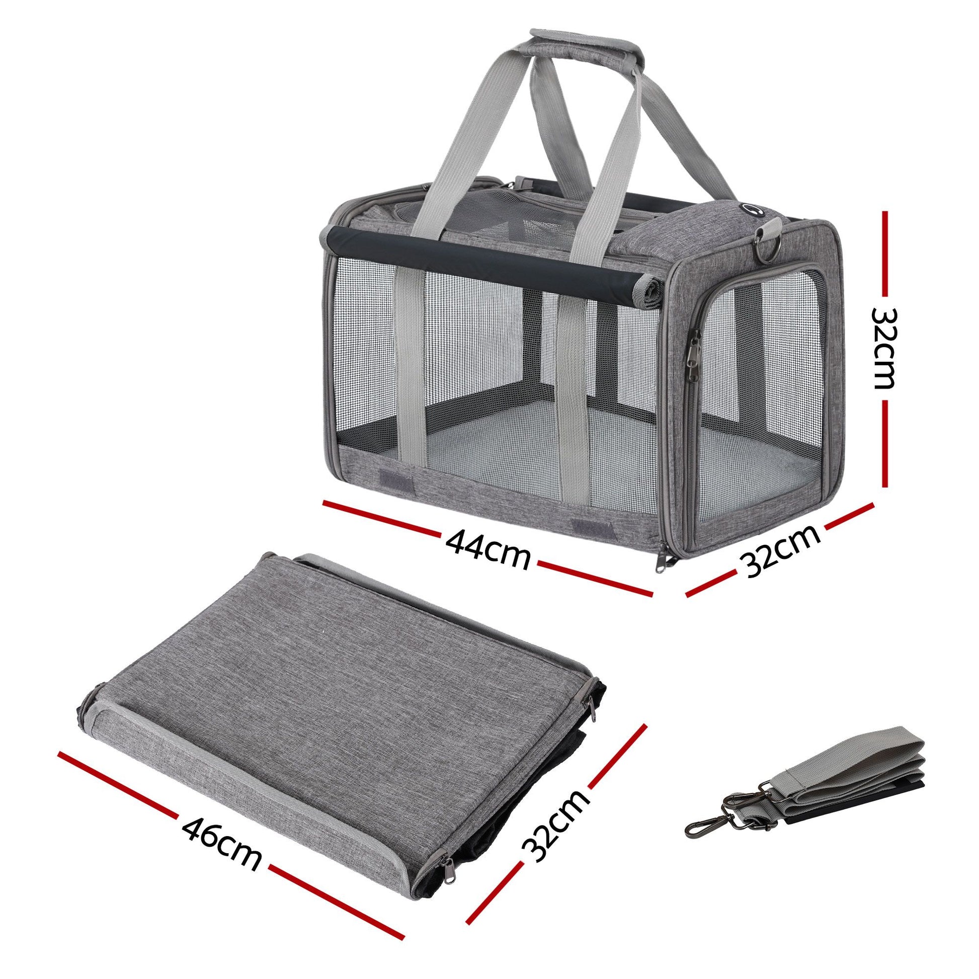 i.Pet Pet Carrier Bag Foldable Dog Cat Durable Crate Travel Cage Portable Car Kennel Grey PET-CARRIER-48X30-GR