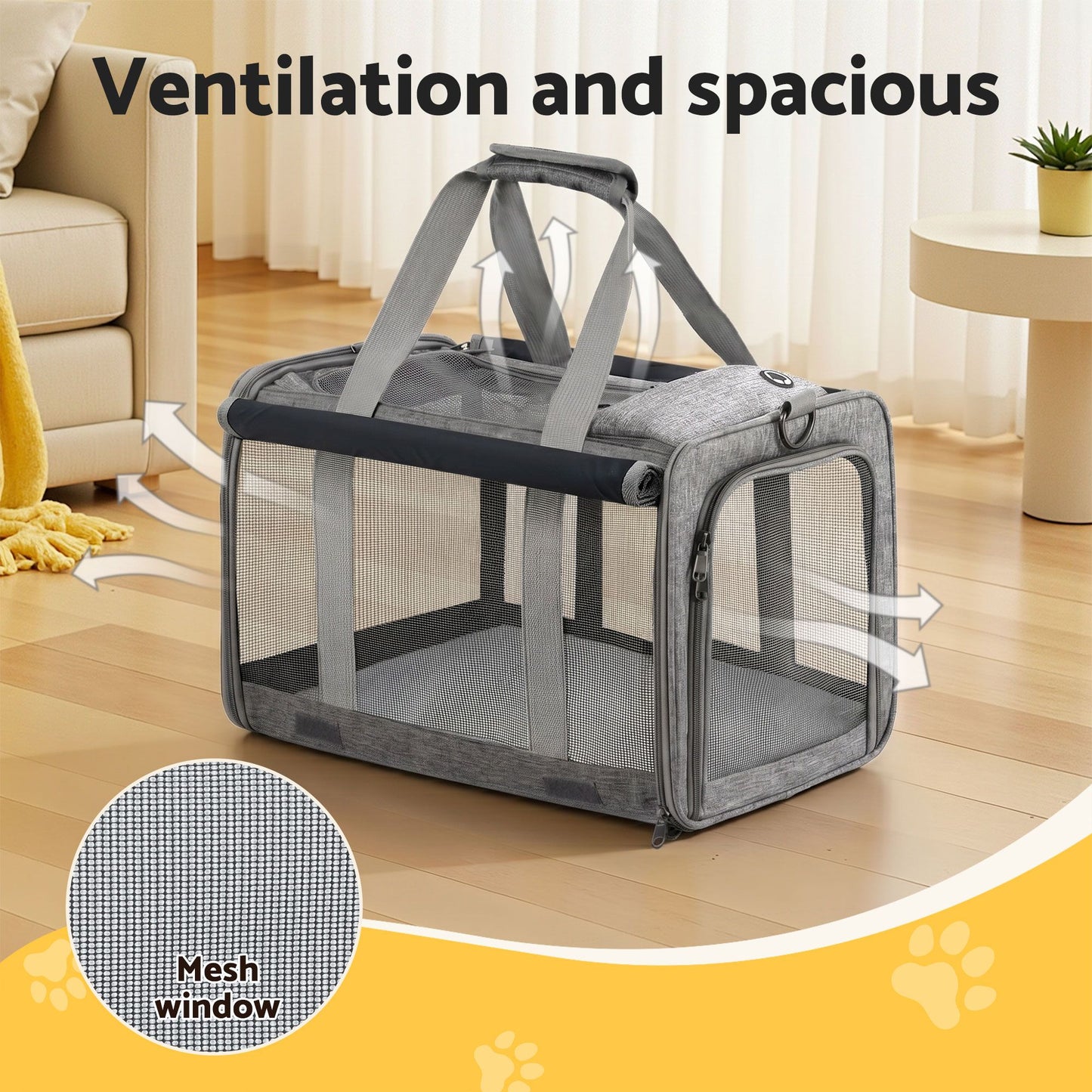 i.Pet Pet Carrier Bag Foldable Dog Cat Durable Crate Travel Cage Portable Car Kennel Grey PET-CARRIER-48X30-GR