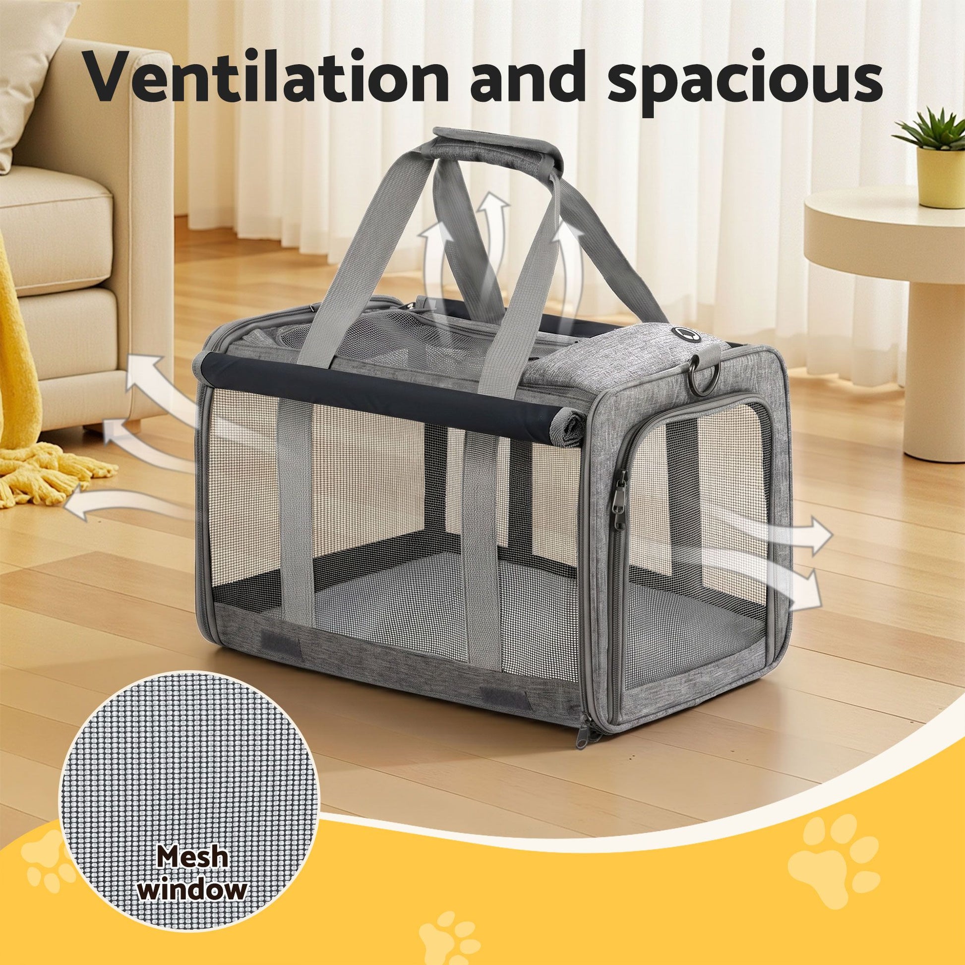 i.Pet Pet Carrier Bag Foldable Dog Cat Durable Crate Travel Cage Portable Car Kennel Grey PET-CARRIER-48X30-GR