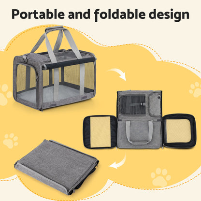i.Pet Pet Carrier Bag Foldable Dog Cat Durable Crate Travel Cage Portable Car Kennel Grey PET-CARRIER-48X30-GR