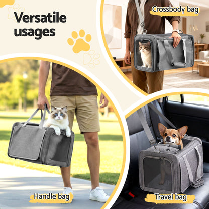 i.Pet Pet Carrier Bag Foldable Dog Cat Durable Crate Travel Cage Portable Car Kennel Grey PET-CARRIER-48X30-GR