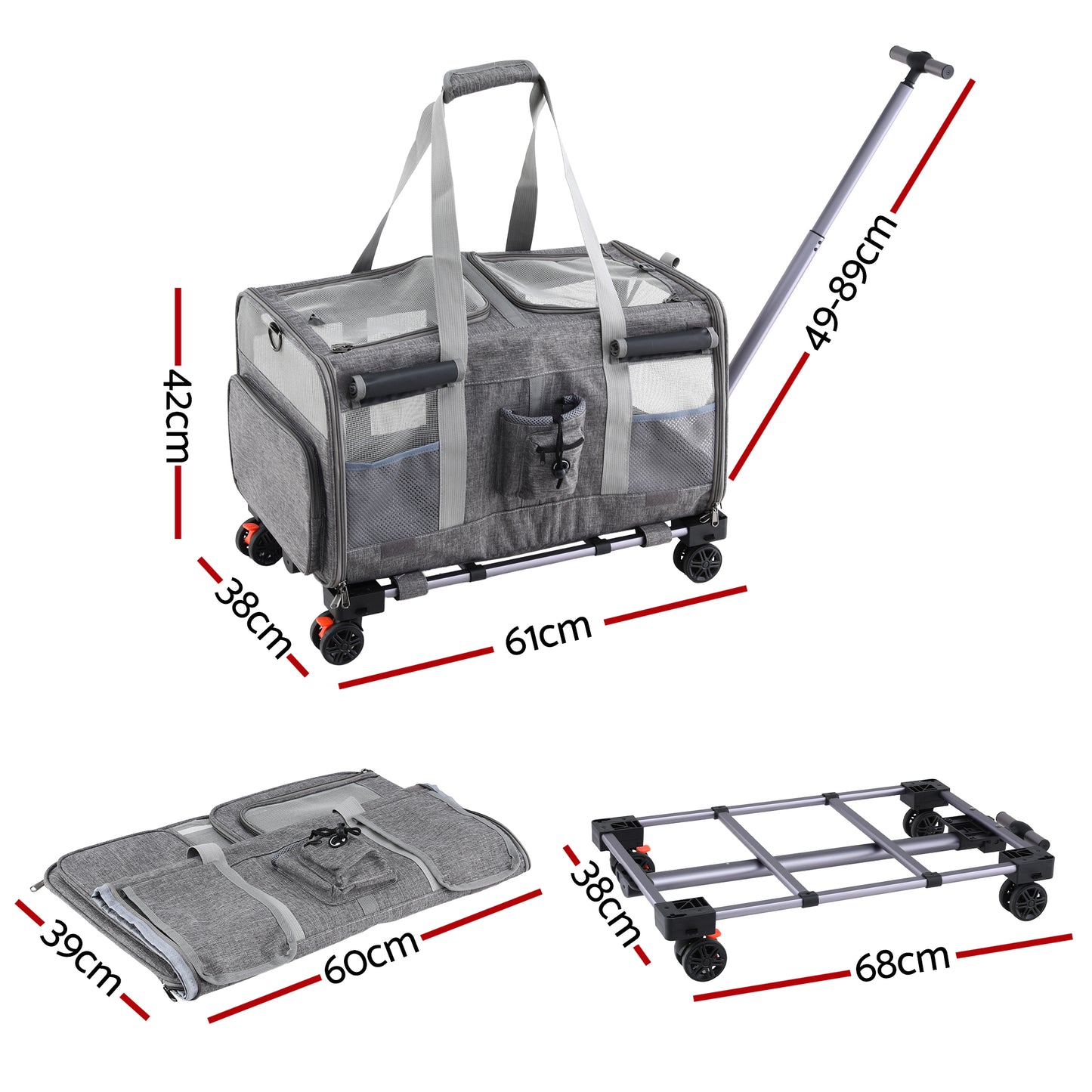 i.Pet Pet Carrier Swivel Wheels Foldable Cat Dog Trolley Stroller Travel Bag Grey PET-CARRIER-WL60X38-GR