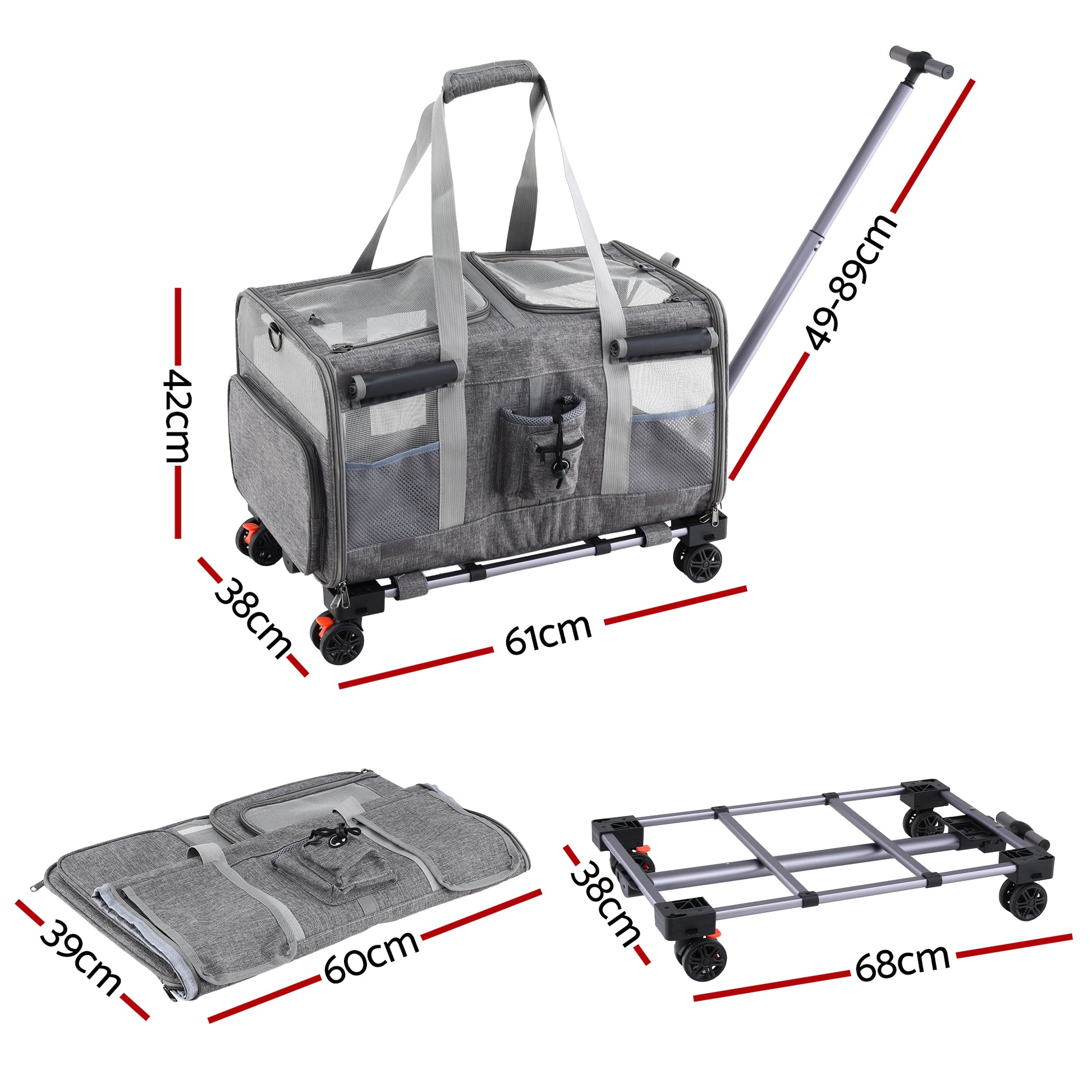 i.Pet Pet Carrier Swivel Wheels Foldable Cat Dog Trolley Stroller Travel Bag Grey PET-CARRIER-WL60X38-GR