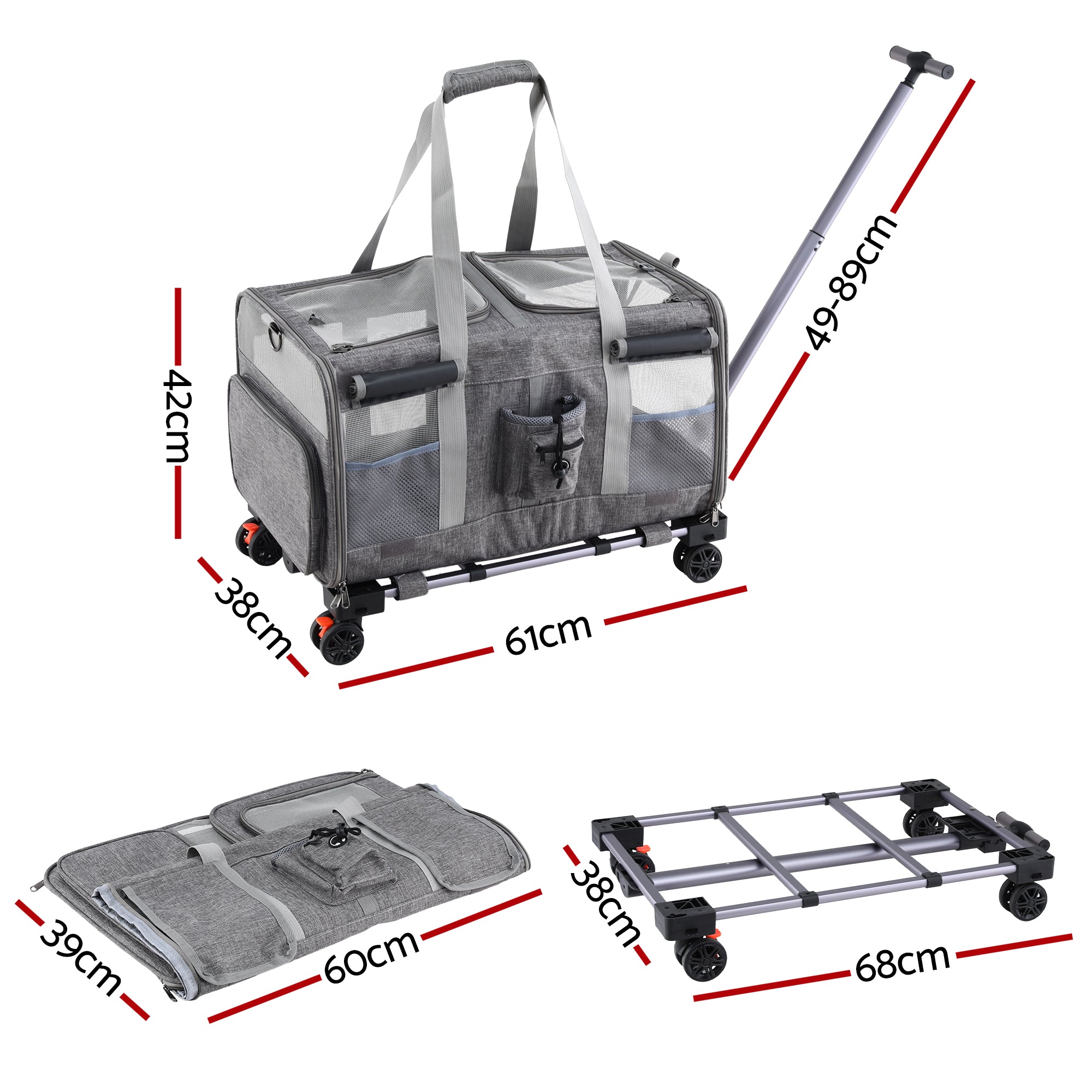 i.Pet Pet Carrier Swivel Wheels Foldable Cat Dog Trolley Stroller Travel Bag Grey PET-CARRIER-WL60X38-GR