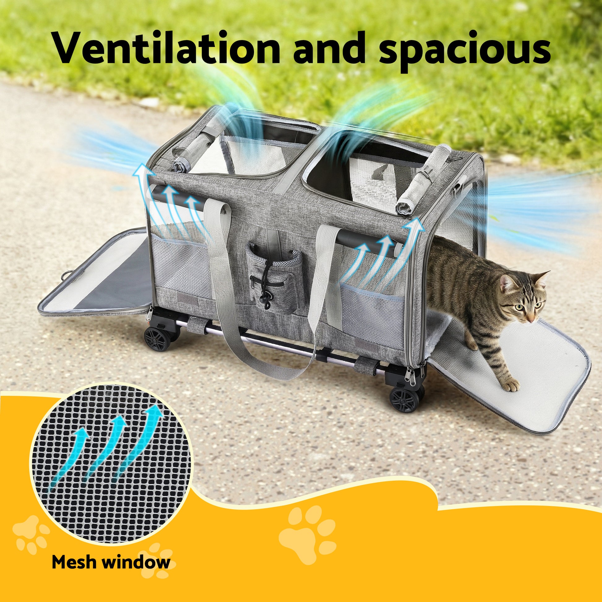 i.Pet Pet Carrier Swivel Wheels Foldable Cat Dog Trolley Stroller Travel Bag Grey PET-CARRIER-WL60X38-GR