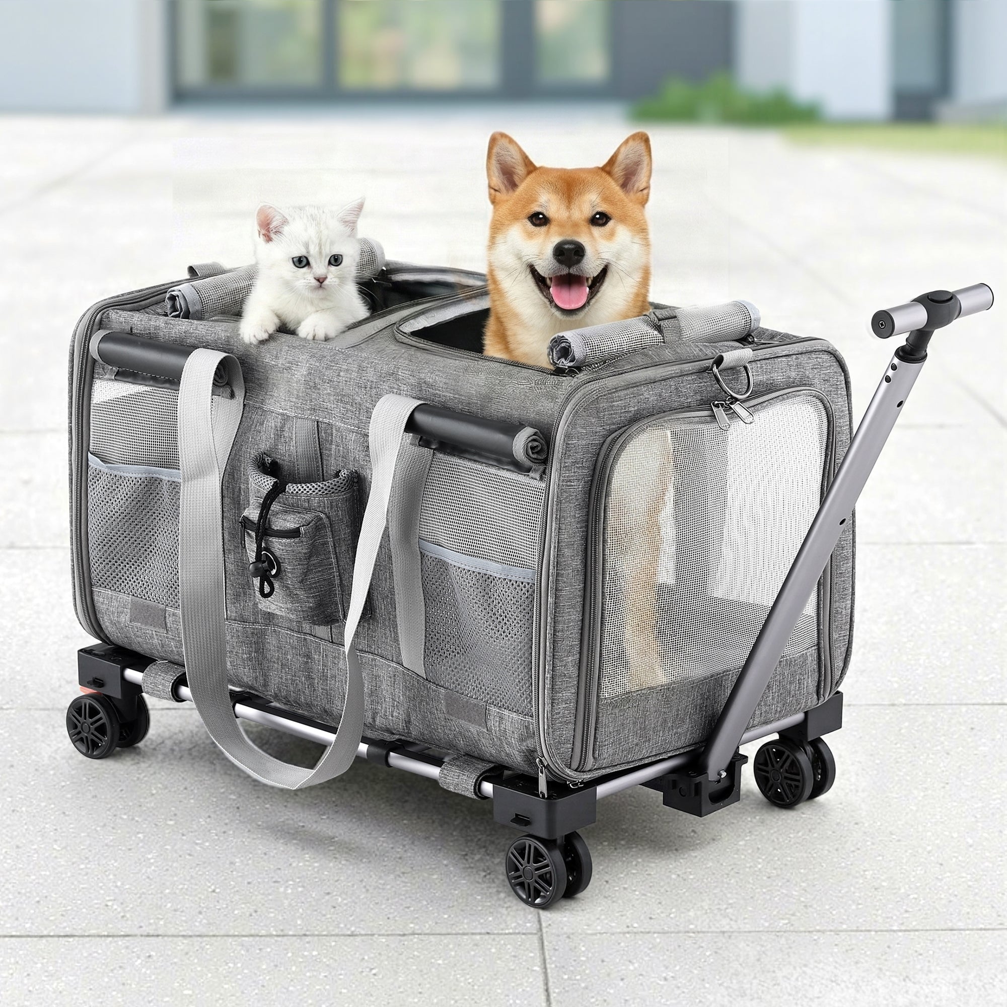 i.Pet Pet Carrier Swivel Wheels Foldable Cat Dog Trolley Stroller Travel Bag Grey PET-CARRIER-WL60X38-GR