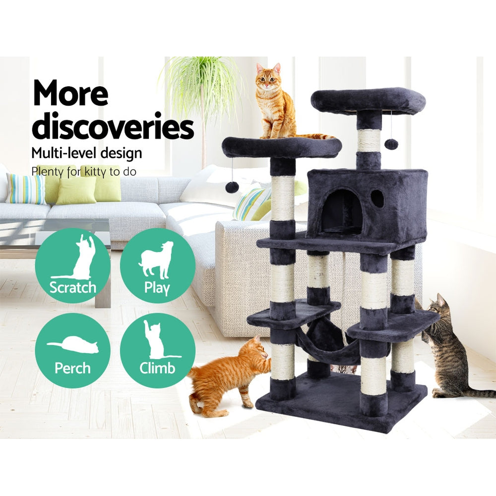 i.Pet Cat Tree 145cm Tower Scratching Post Scratcher Wood Condo House Large Bed PET-CAT-706FSB-GR
