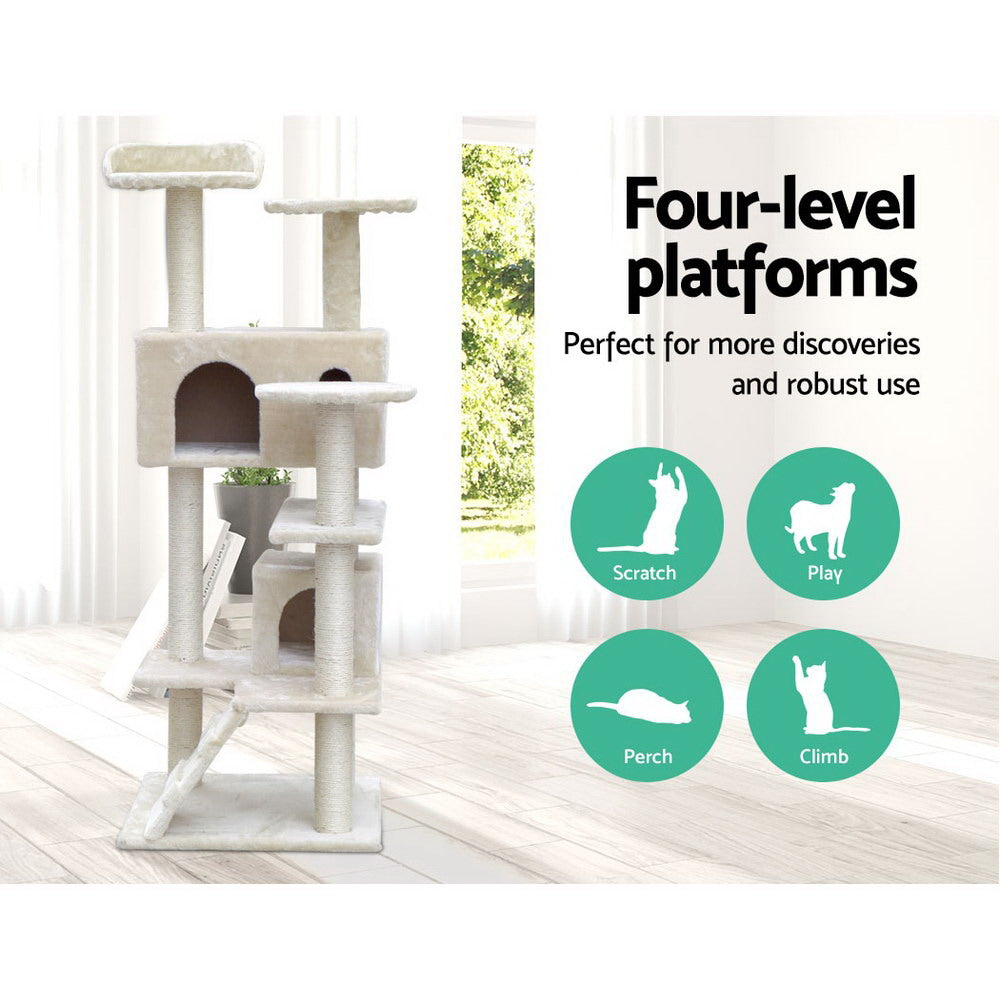 i.Pet Cat Tree 134cm Tower Scratching Post Scratcher Wood Condo House Bed Beige PET-CAT-801F-BE