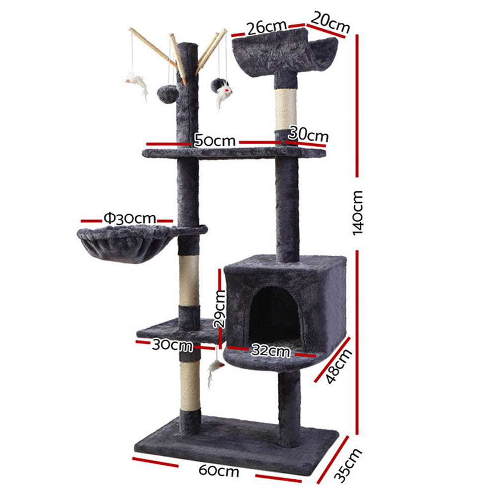 i.Pet Cat Tree 140cm Tower Scratching Post Scratcher Trees Toys Condo Bed Grey PET-CAT-FL08-GR