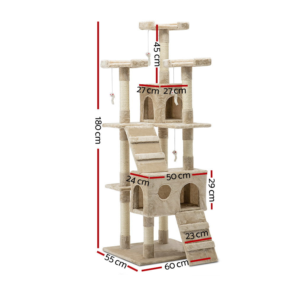 i.Pet Cat Tree 180cm Tower Scratching Post Scratcher Wood Condo House Toys Beige PET-CAT-HSCT076-180-BE