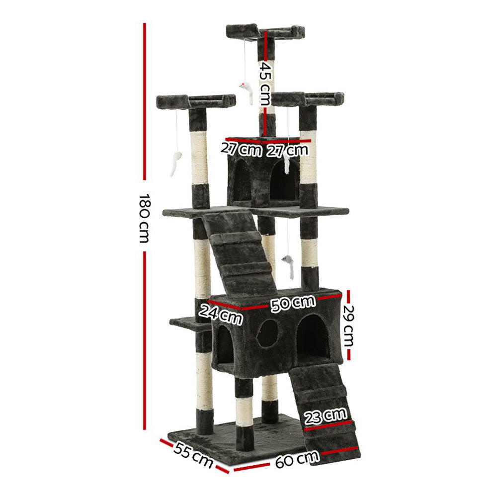 i.Pet Cat Tree 180cm Tower Scratching Post Scratcher Wood Condo House Toys Grey PET-CAT-HSCT076-180-GR