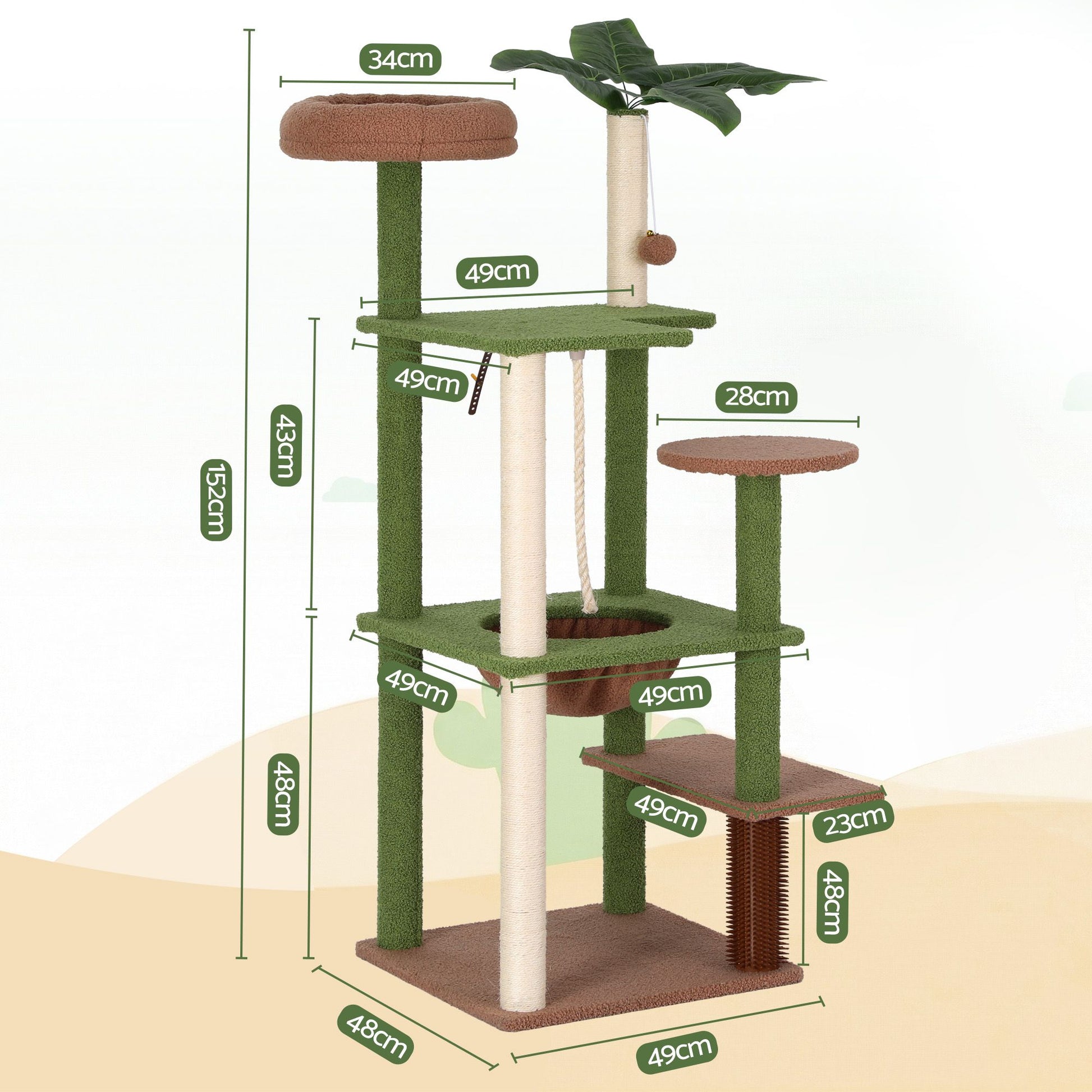 i.Pet Cat Tree Tower 152cm Jungle Multi-Level Scratching Post Leafy Canopy PET-CAT-L152-CT-GNBR