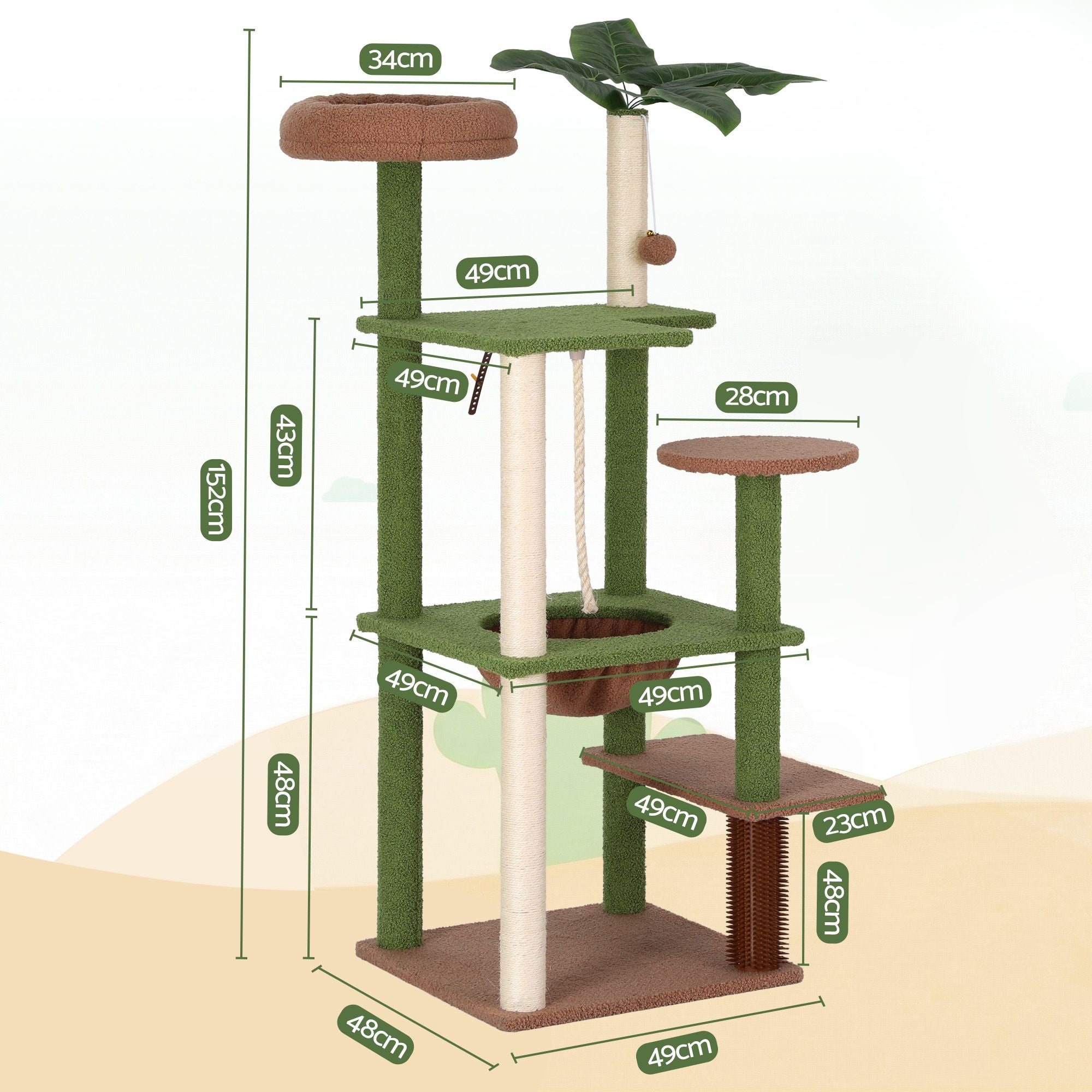 i.Pet Cat Tree Tower 152cm Jungle Multi-Level Scratching Post Leafy Canopy PET-CAT-L152-CT-GNBR