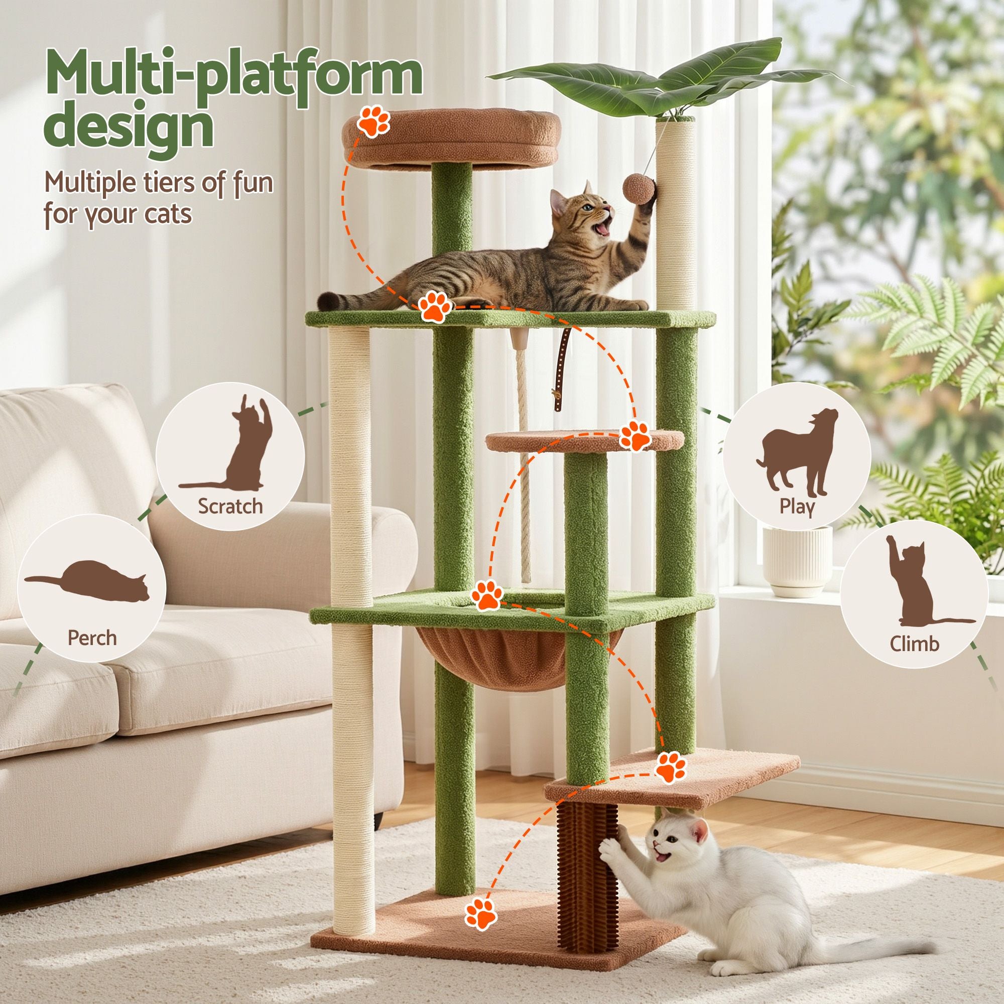 i.Pet Cat Tree Tower 152cm Jungle Multi-Level Scratching Post Leafy Canopy PET-CAT-L152-CT-GNBR