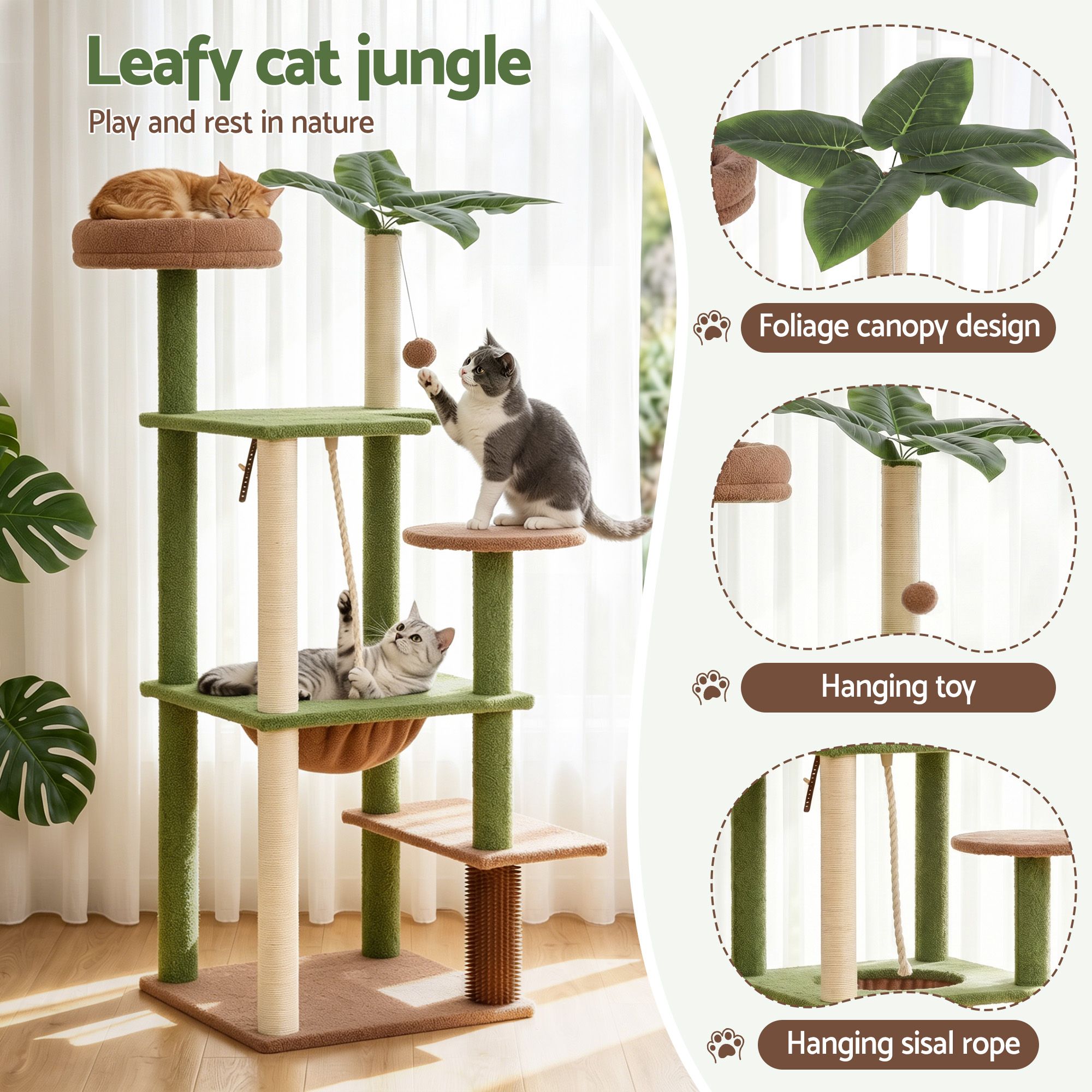 i.Pet Cat Tree Tower 152cm Jungle Multi-Level Scratching Post Leafy Canopy PET-CAT-L152-CT-GNBR