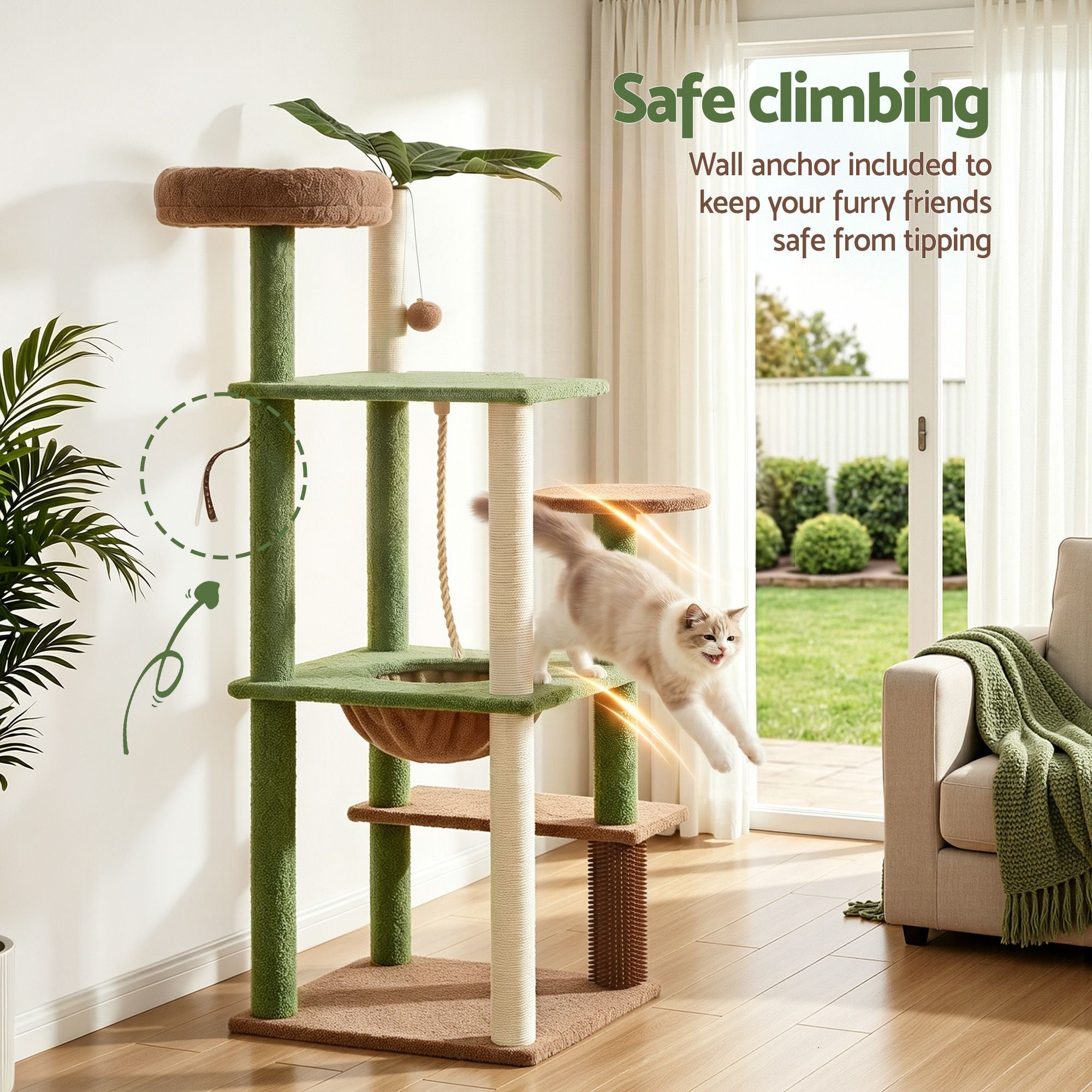 i.Pet Cat Tree Tower 152cm Jungle Multi-Level Scratching Post Leafy Canopy PET-CAT-L152-CT-GNBR
