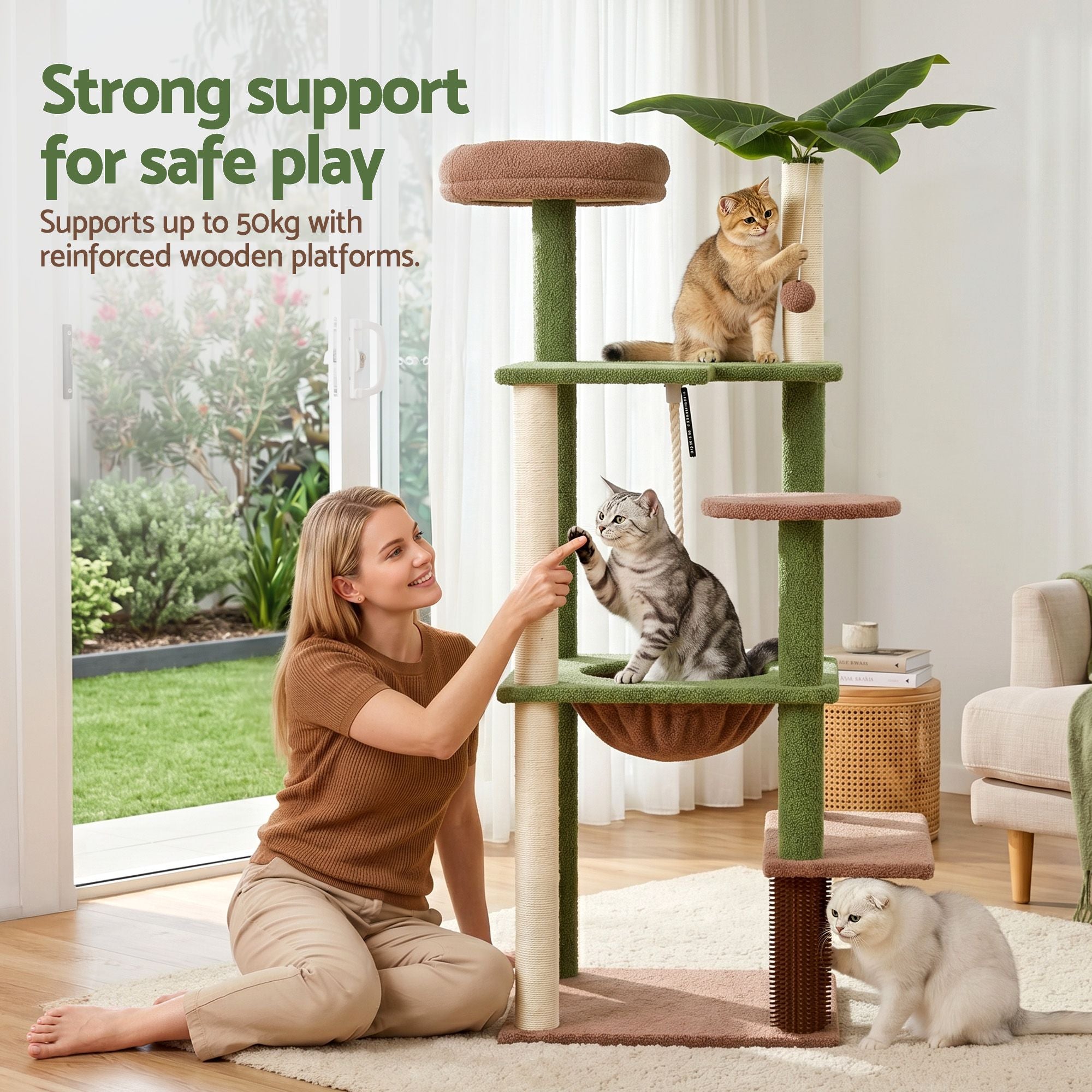 i.Pet Cat Tree Tower 152cm Jungle Multi-Level Scratching Post Leafy Canopy PET-CAT-L152-CT-GNBR