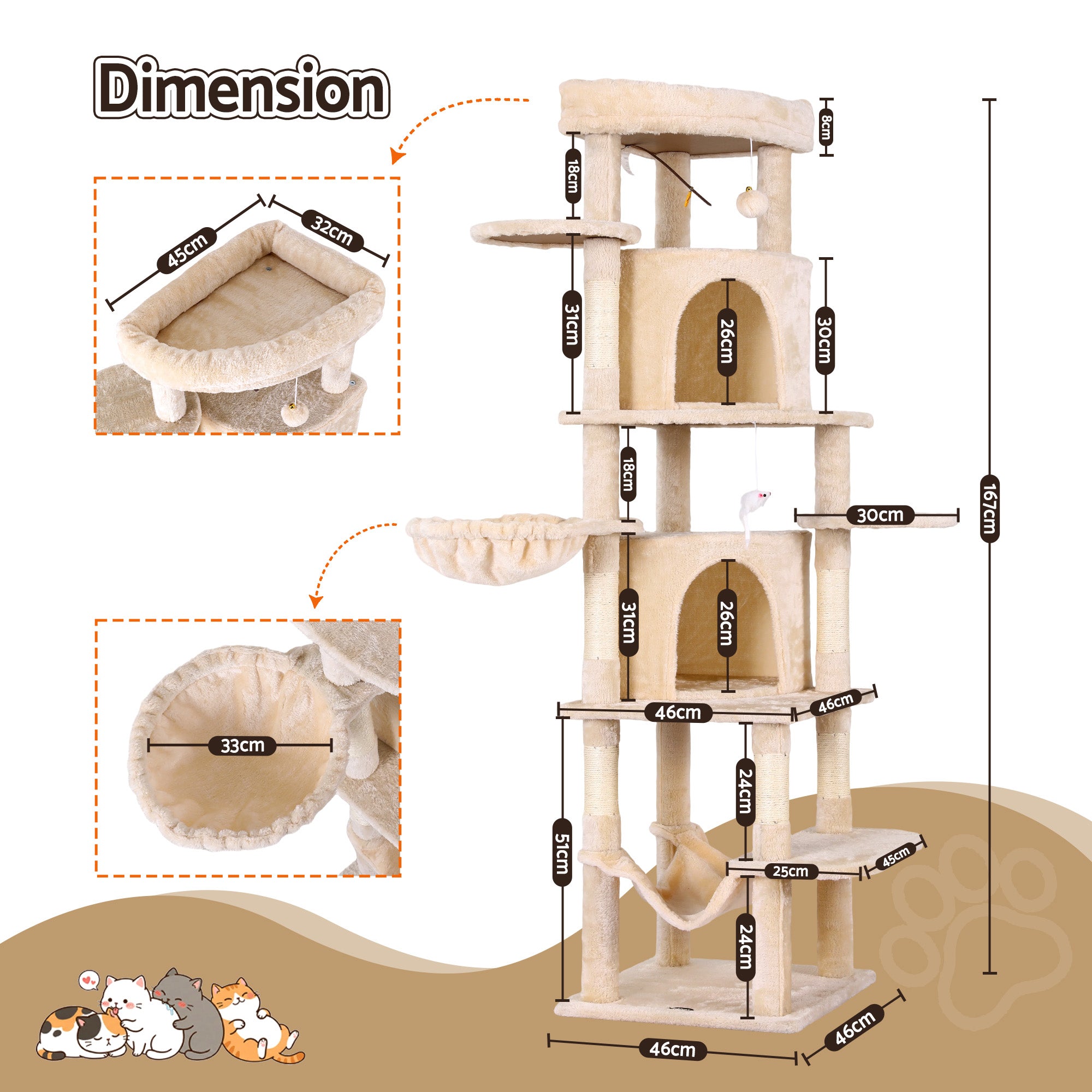 i.Pet Cat Tree Tower 167cm Large Scratching Post Furniture Scratcher House Beige PET-CAT-L167-BG
