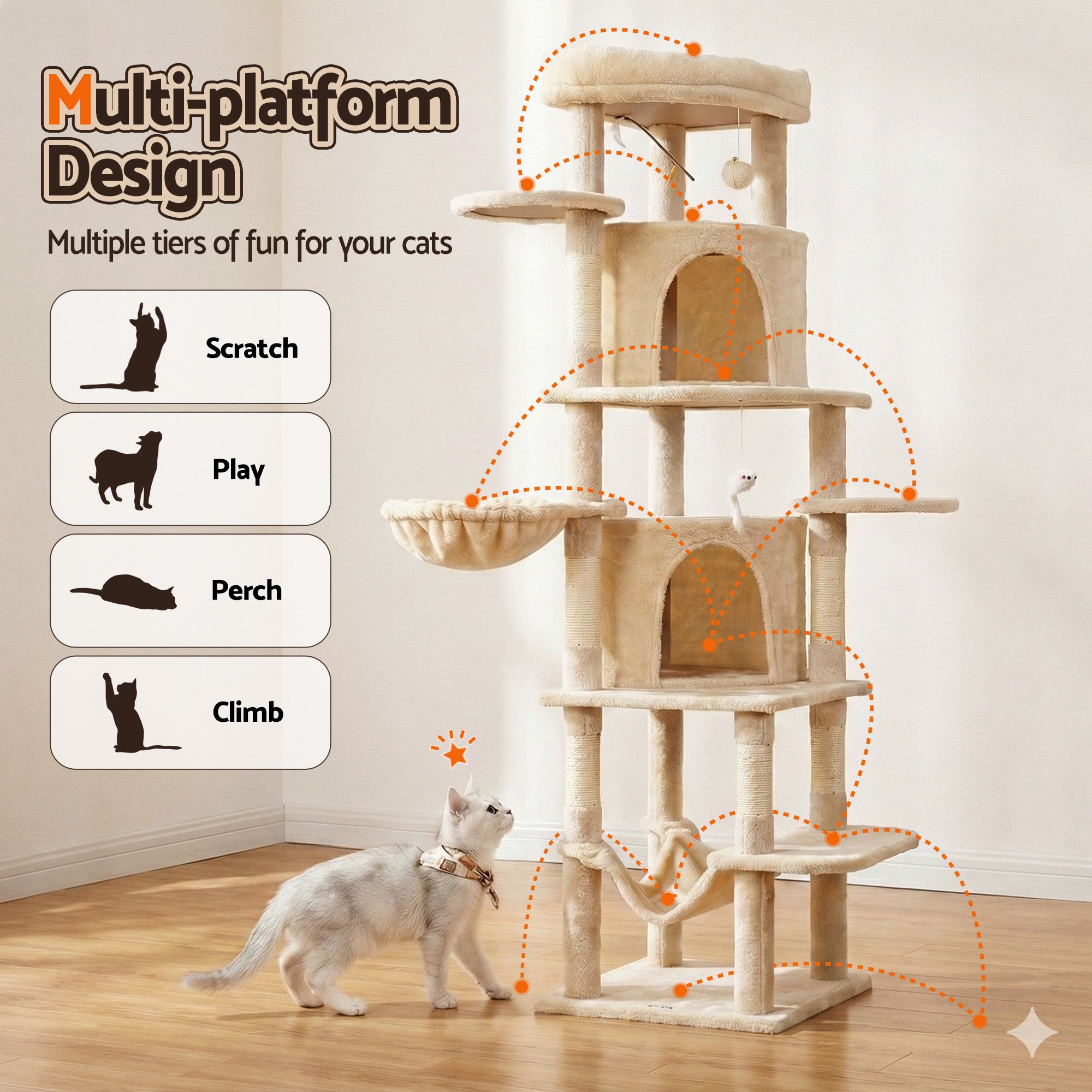 i.Pet Cat Tree Tower 167cm Large Scratching Post Furniture Scratcher House Beige PET-CAT-L167-BG