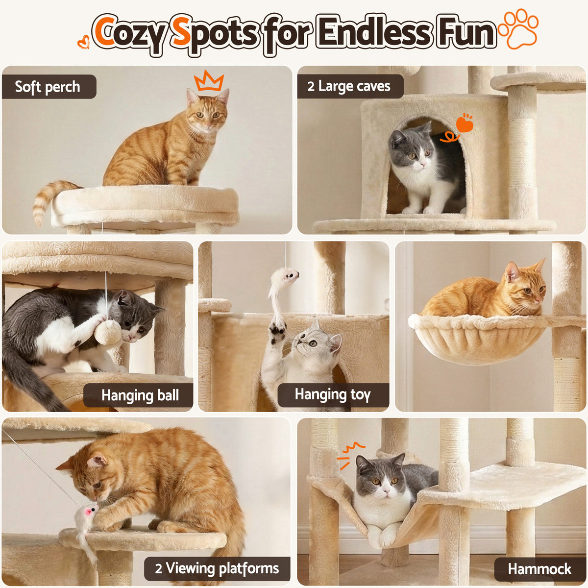 i.Pet Cat Tree Tower 167cm Large Scratching Post Furniture Scratcher House Beige PET-CAT-L167-BG