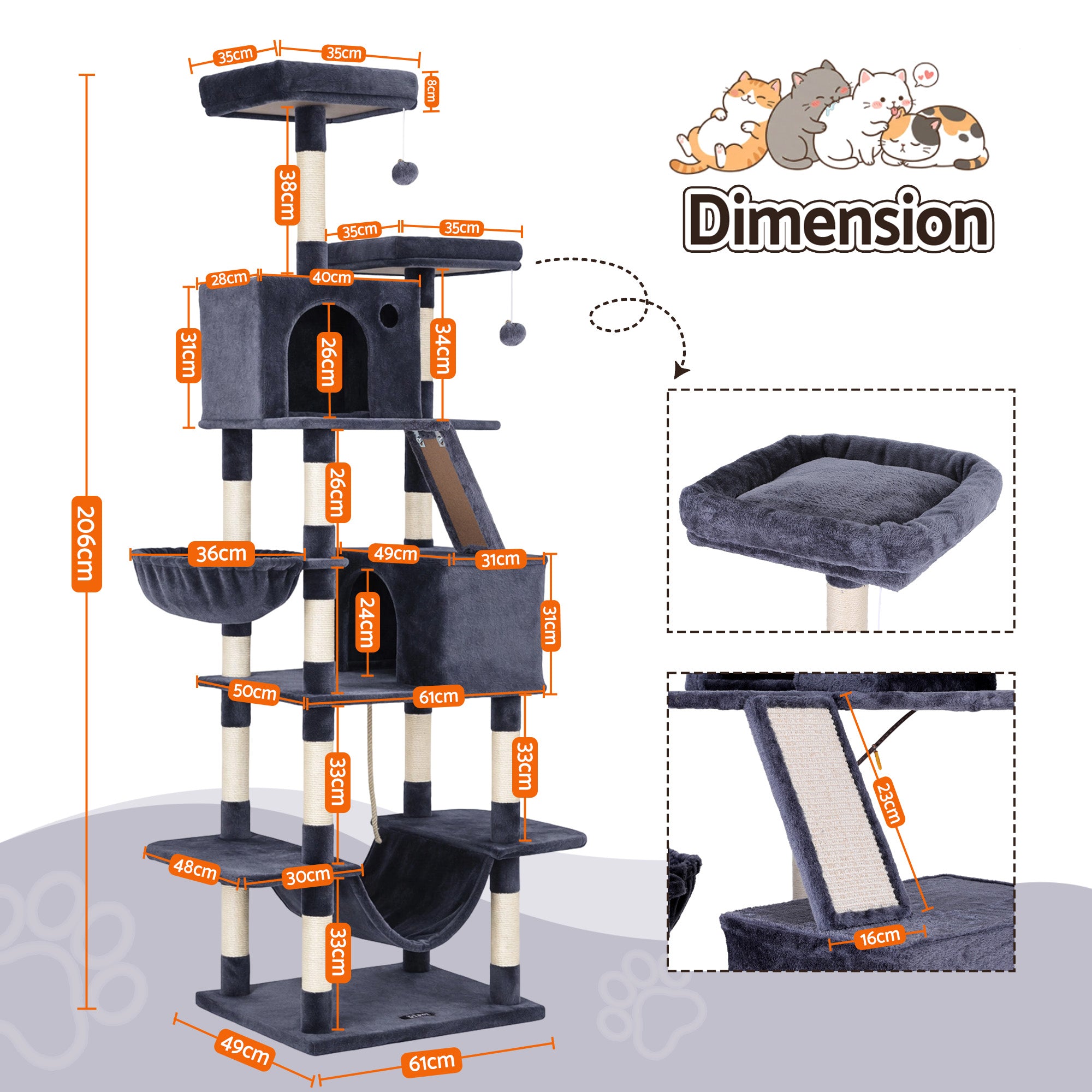 i.Pet Cat Tree Tower 206cm Large Scratching Post Furniture Scratcher House Grey PET-CAT-L206-GR