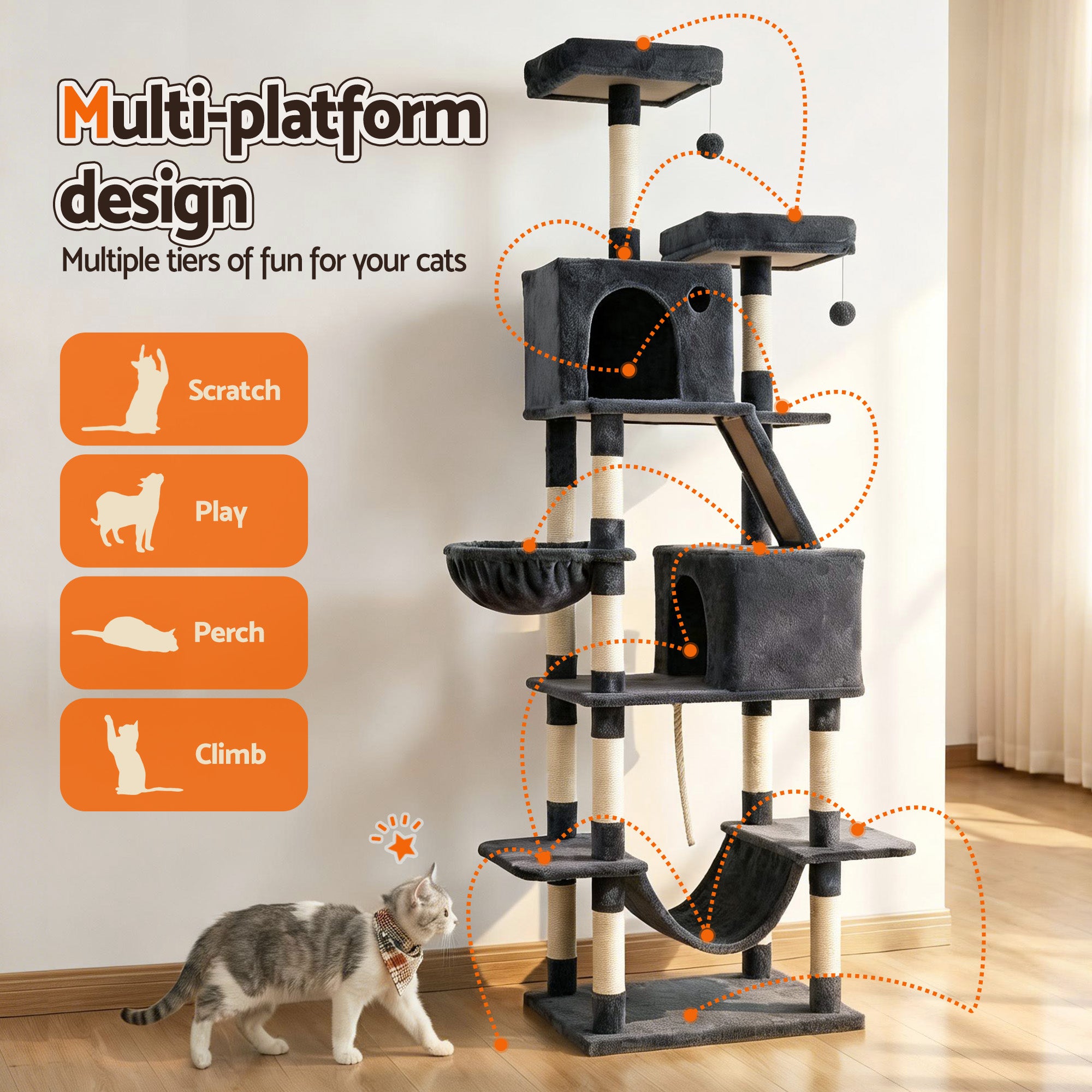 i.Pet Cat Tree Tower 206cm Large Scratching Post Furniture Scratcher House Grey PET-CAT-L206-GR