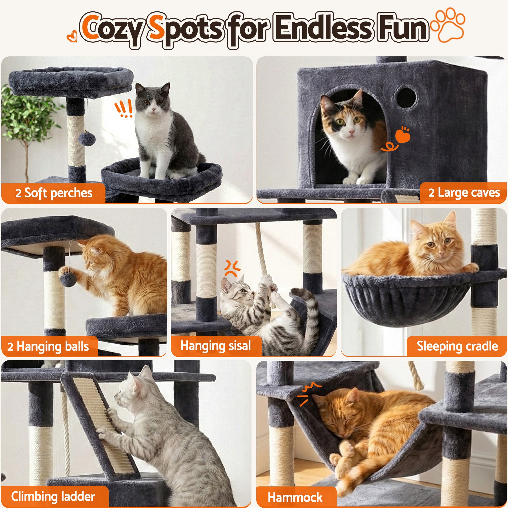 i.Pet Cat Tree Tower 206cm Large Scratching Post Furniture Scratcher House Grey PET-CAT-L206-GR