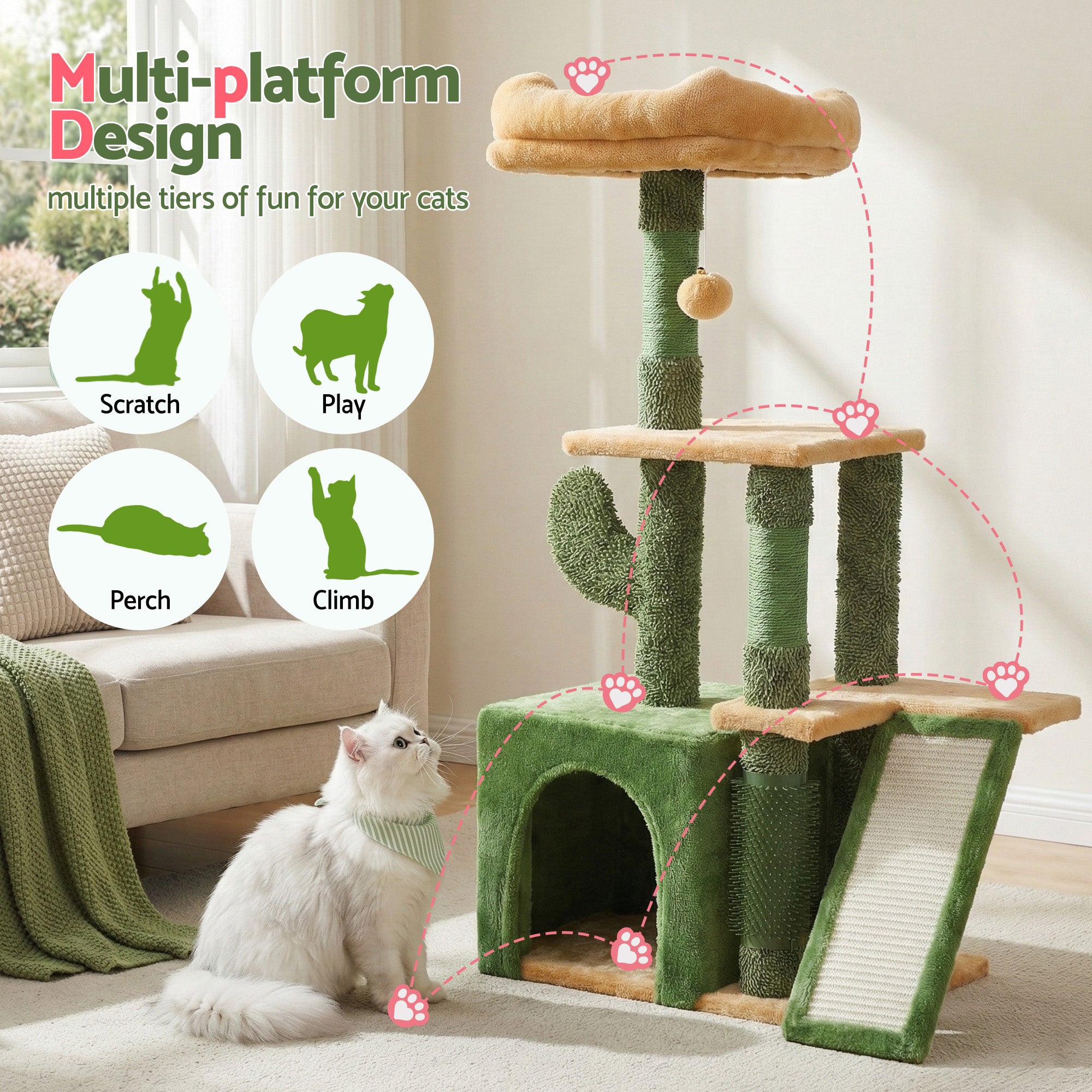 i.Pet Cat Tree Tower 101cm Scratching Post Furniture Scratcher House Green PET-CAT-M101-GN