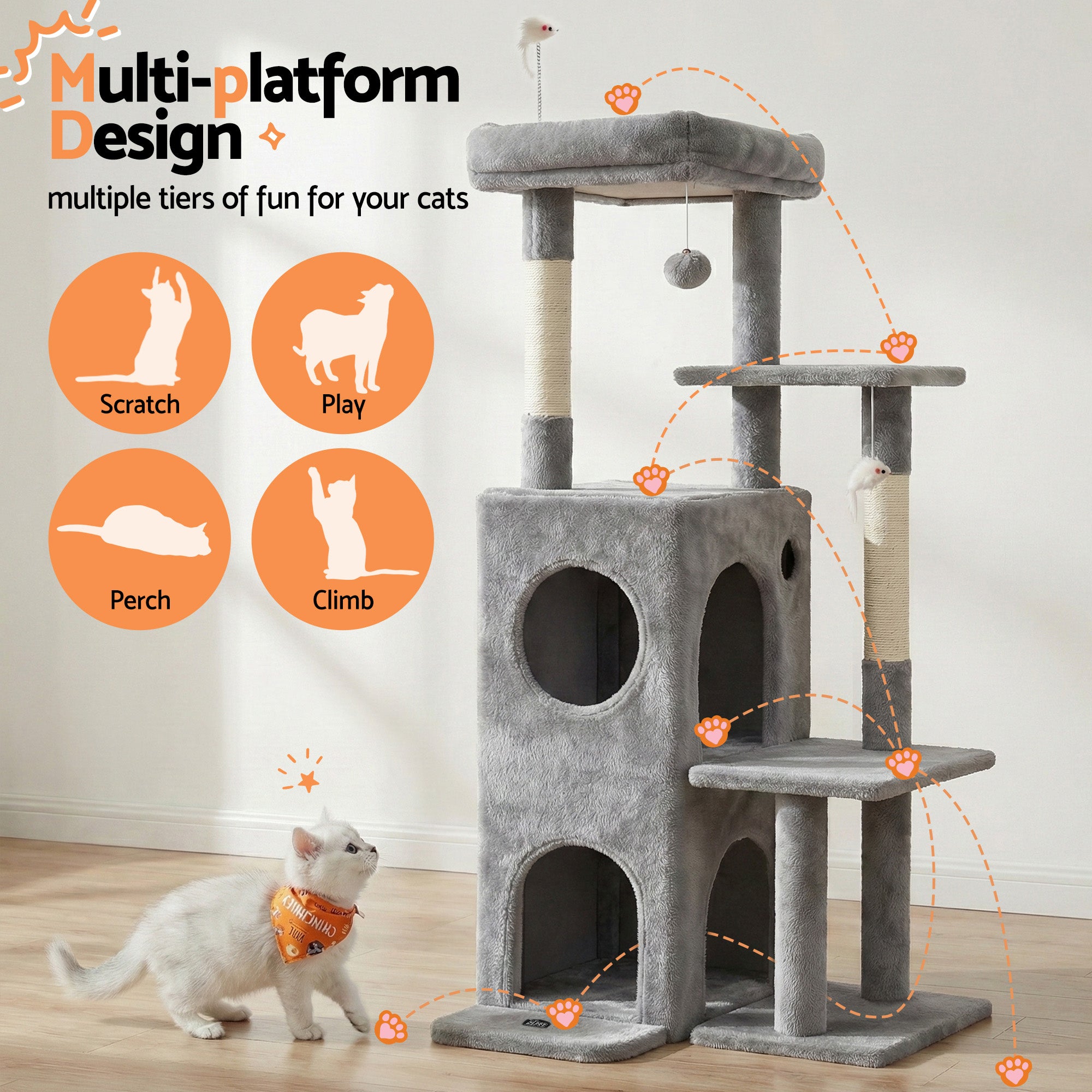 i.Pet Cat Tree Tower 127cm Scratching Post Furniture Scratcher House Light Grey PET-CAT-M127-LTGR