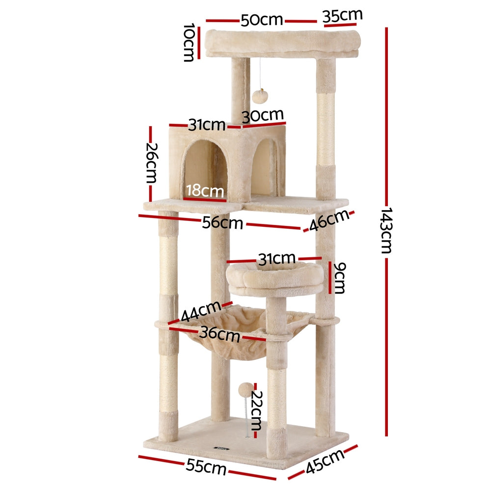 i.Pet Cat Tree 143cm Tower Scratching Post Trees Scratcher Condo House Beige PET-CAT-M143-BE