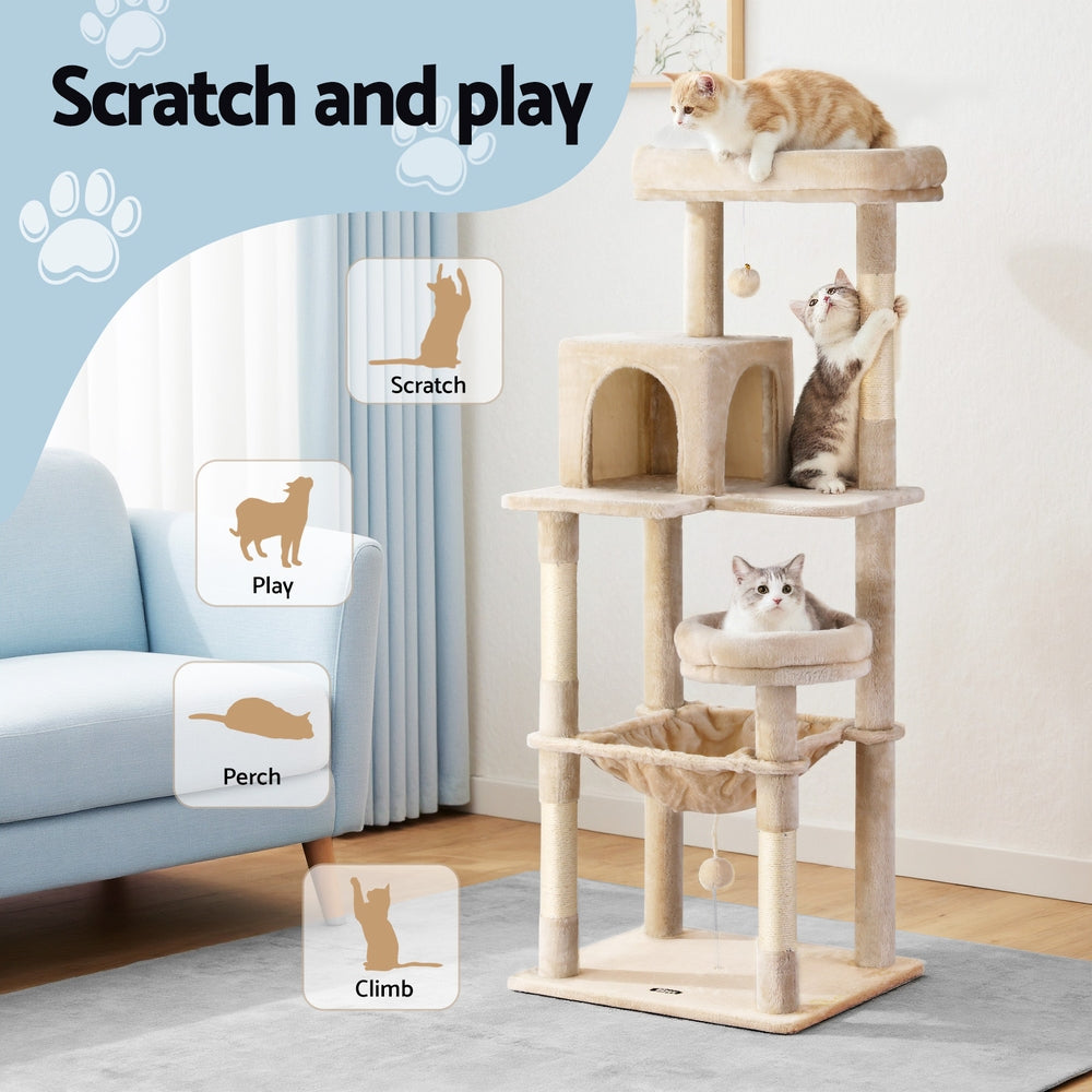 i.Pet Cat Tree 143cm Tower Scratching Post Trees Scratcher Condo House Beige PET-CAT-M143-BE