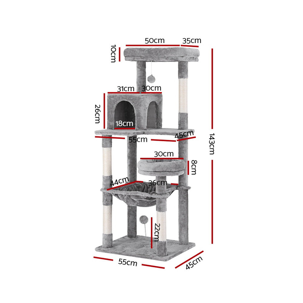 i.Pet Cat Tree Tower Scratching Post Scratcher 143cm Condo House Trees Grey PET-CAT-M143-GR
