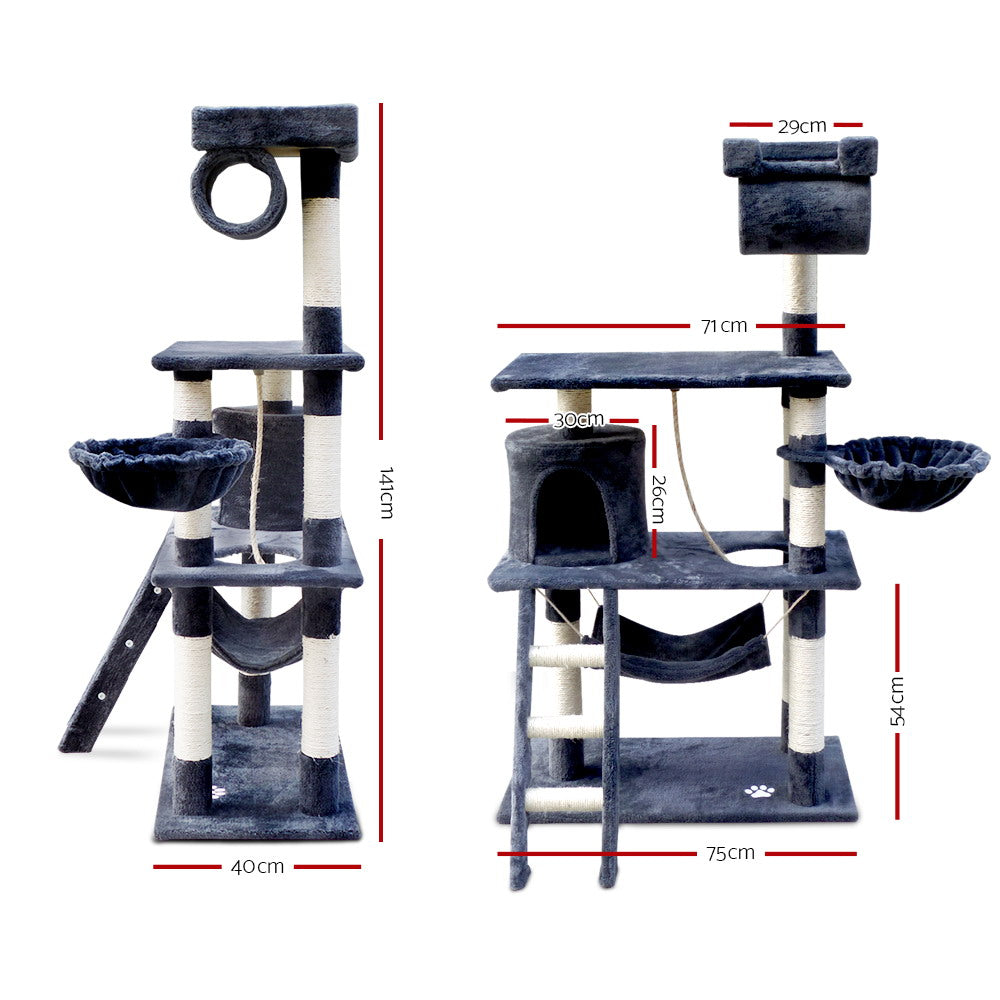 i.Pet Cat Tree 141cm Tower Scratching Post Scratcher Condo Wood House Bed Grey PET-CAT-PCT63-GR