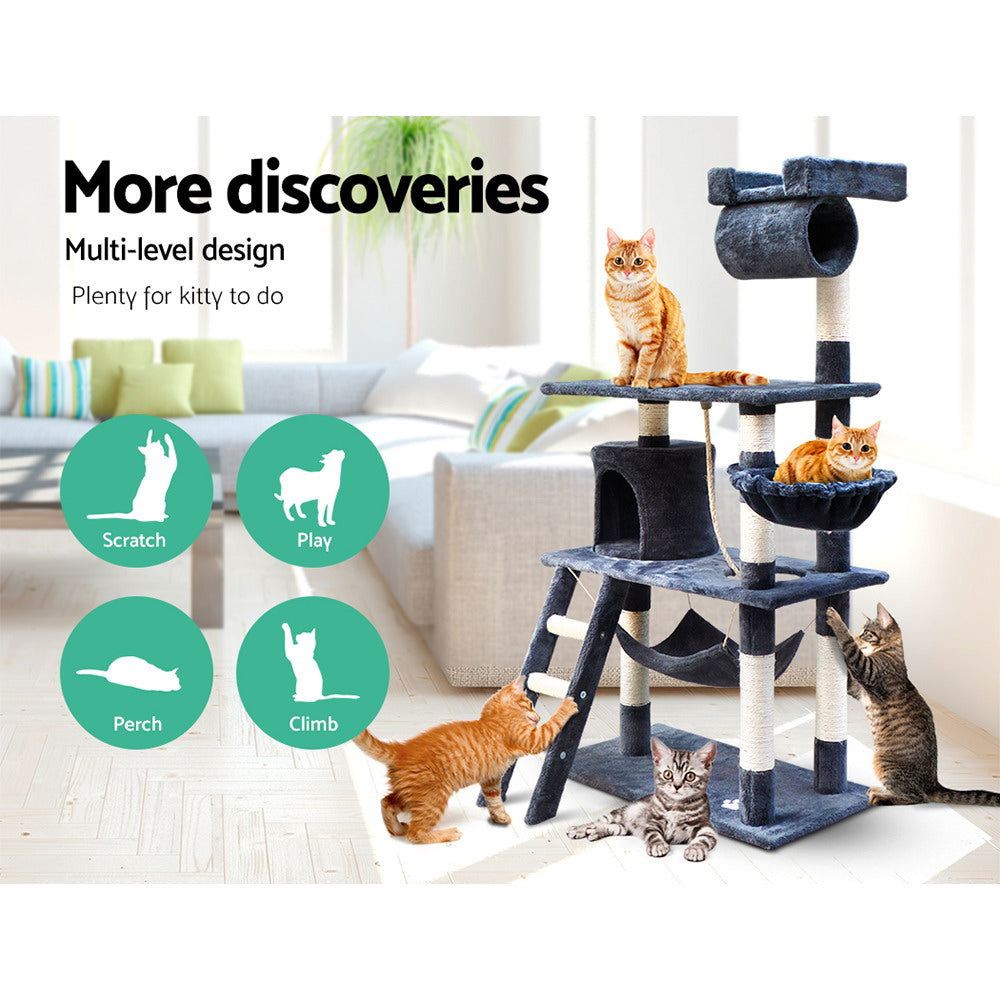 i.Pet Cat Tree 141cm Tower Scratching Post Scratcher Condo Wood House Bed Grey PET-CAT-PCT63-GR