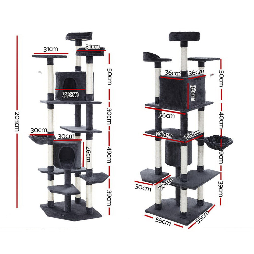 i.Pet Cat Tree 203cm Tower Scratching Post Scratcher Condo Trees House Bed Grey PET-CAT-PCTOP-GR