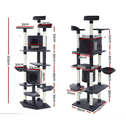 i.Pet Cat Tree 203cm Tower Scratching Post Scratcher Condo Trees House Bed Grey PET-CAT-PCTOP-GR