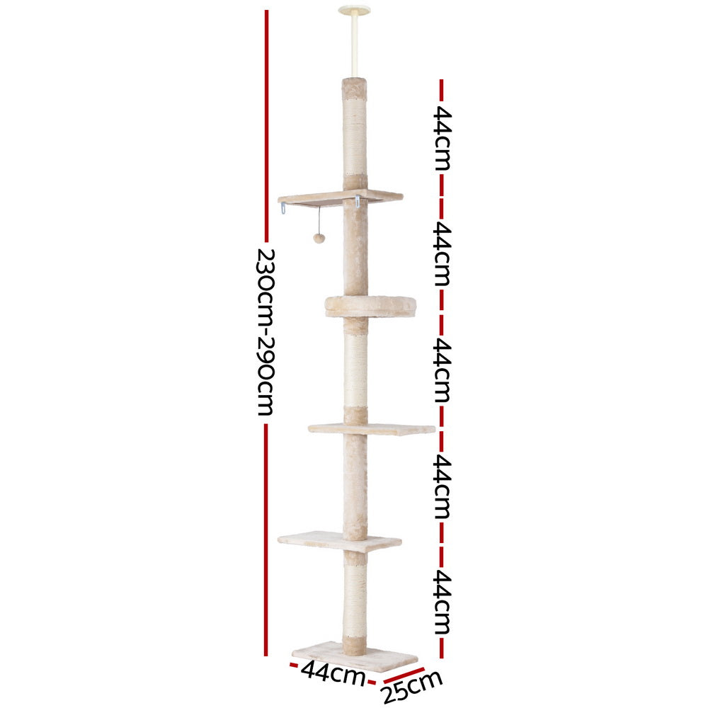 i.Pet Cat Tree 290cm Tower Scratching Cats Post Scratcher Floor to Ceiling Bed PET-CAT-POLE-BEWH