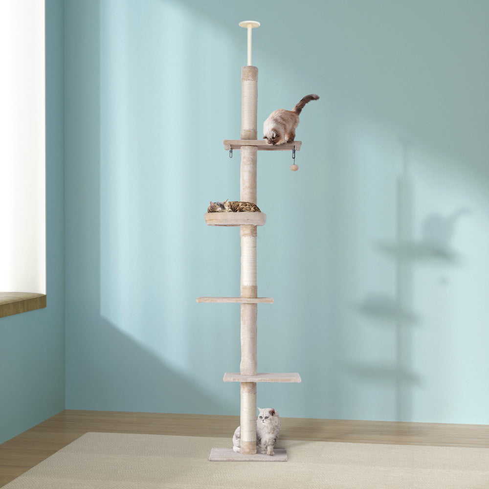 i.Pet Cat Tree 290cm Tower Scratching Cats Post Scratcher Floor to Ceiling Bed PET-CAT-POLE-BEWH