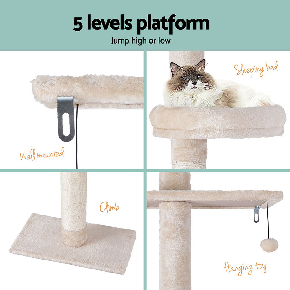 i.Pet Cat Tree 290cm Tower Scratching Cats Post Scratcher Floor to Ceiling Bed PET-CAT-POLE-BEWH