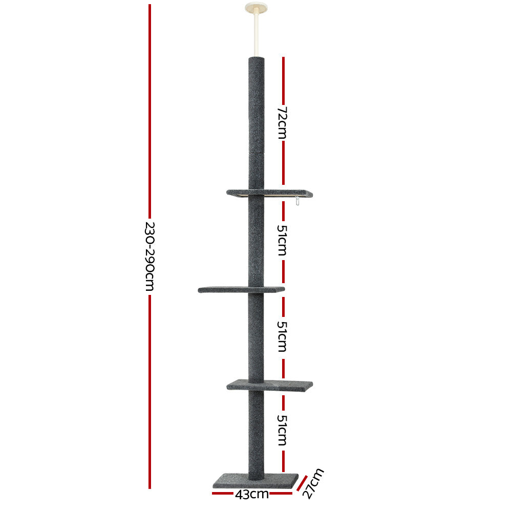 i.Pet Cat Tree 290cm Tower Scratching Post Scratcher Floor to Ceiling Cats Bed Grey PET-CAT-POLE-GR