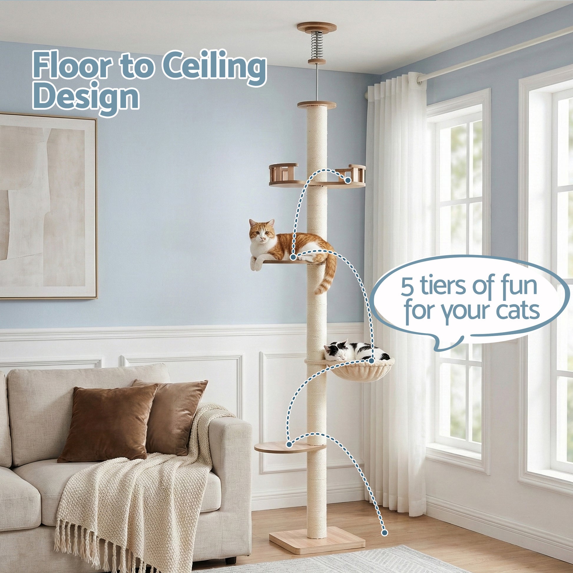 i.Pet Cat Tree Tower Floor to Ceiling Scratching Post 270cm Beige PET-CAT-POLE-W-BE