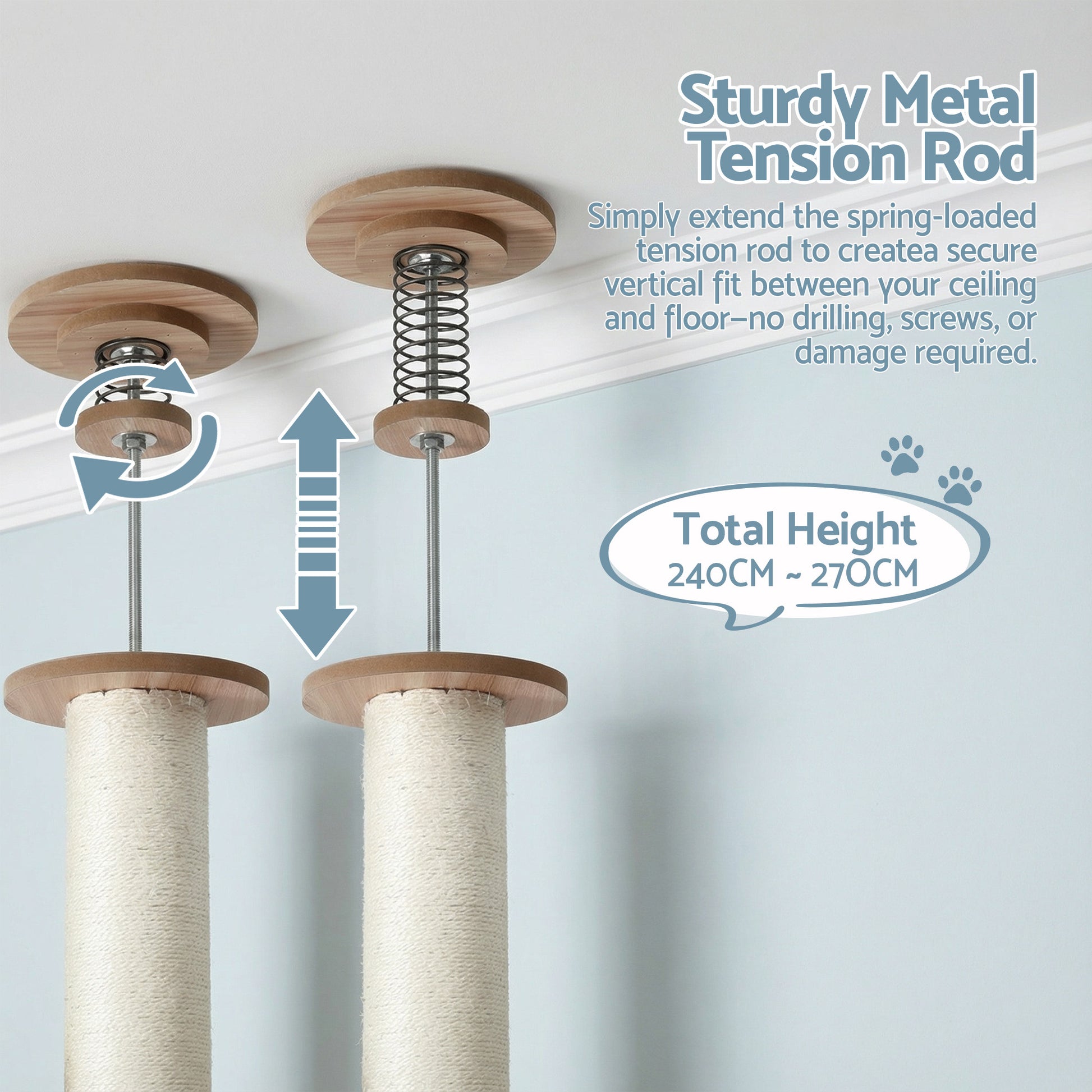 i.Pet Cat Tree Tower Floor to Ceiling Scratching Post 270cm Beige PET-CAT-POLE-W-BE