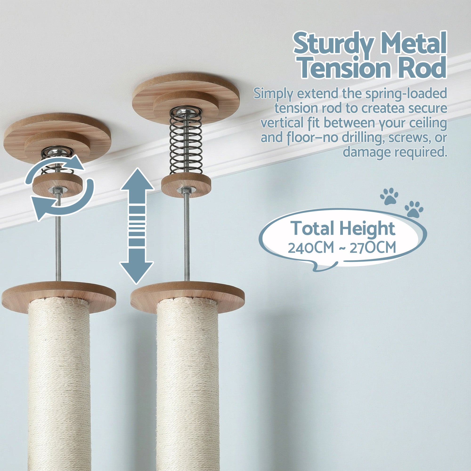 i.Pet Cat Tree Tower Floor to Ceiling Scratching Post 270cm Beige PET-CAT-POLE-W-BE