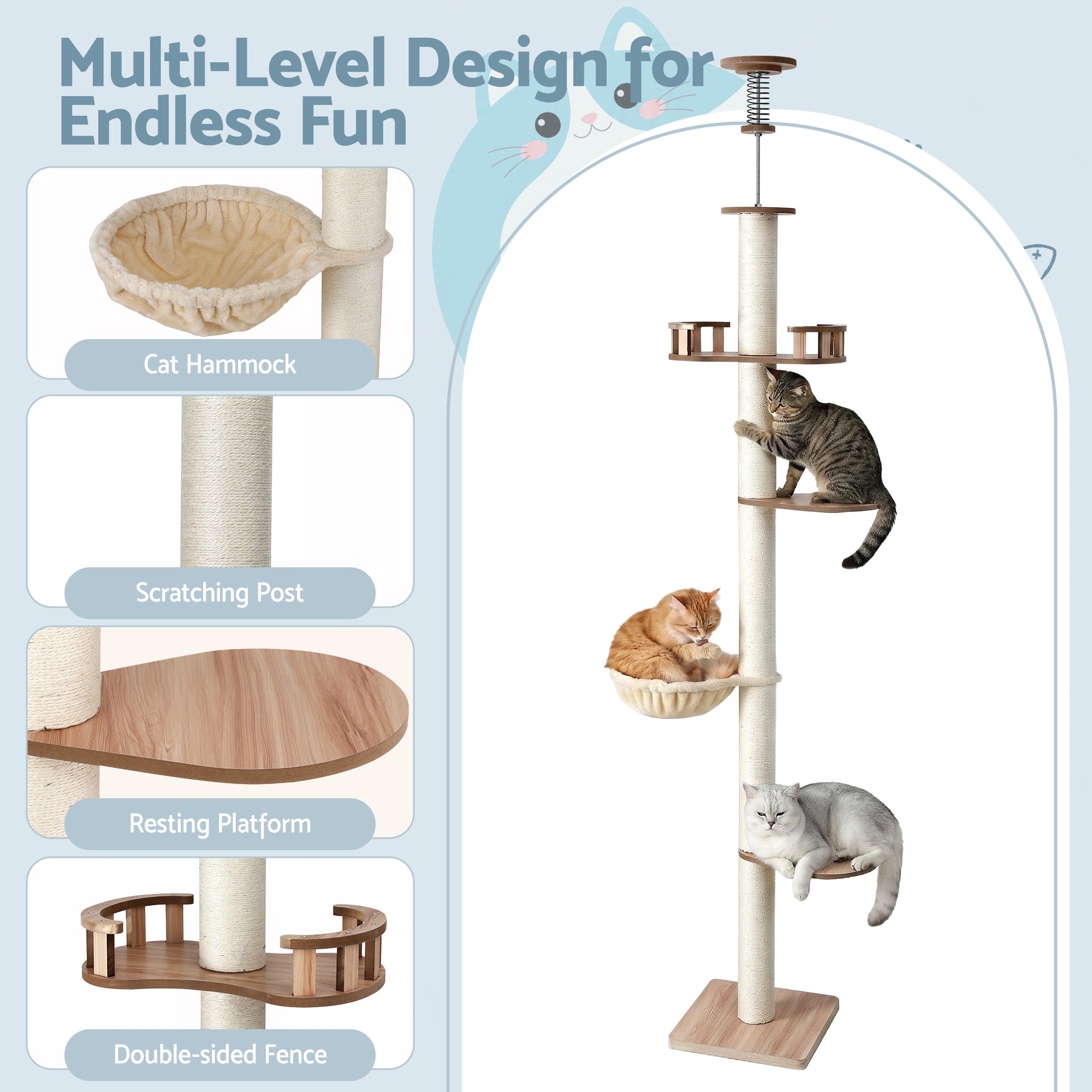 i.Pet Cat Tree Tower Floor to Ceiling Scratching Post 270cm Beige PET-CAT-POLE-W-BE