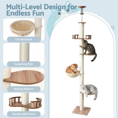i.Pet Cat Tree Tower Floor to Ceiling Scratching Post 270cm Beige PET-CAT-POLE-W-BE